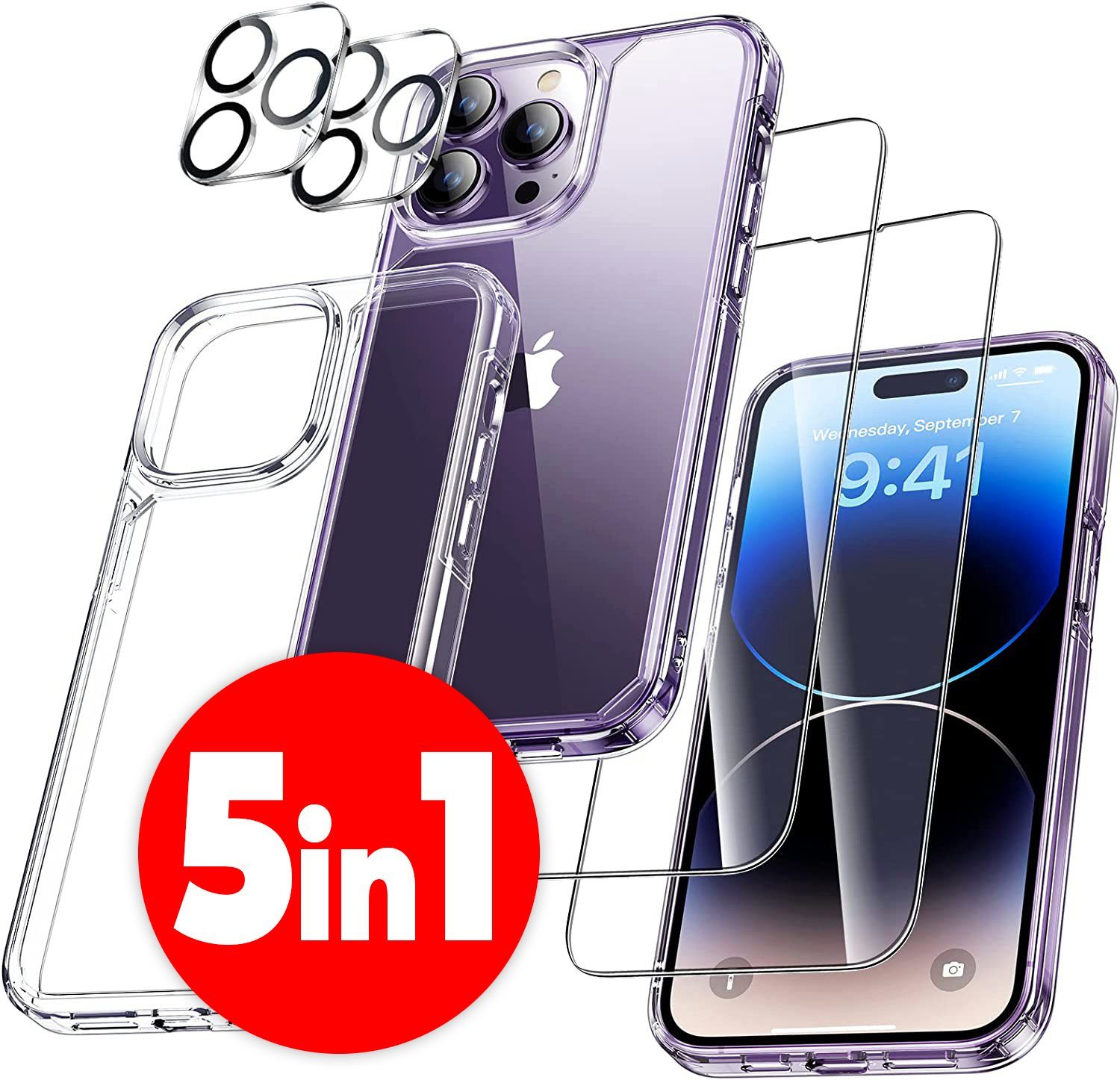 MSM Handyhülle 5in1 Hülle für iPhone 14 Pro Max 2X Schutzglas 2X Kamera Glas
