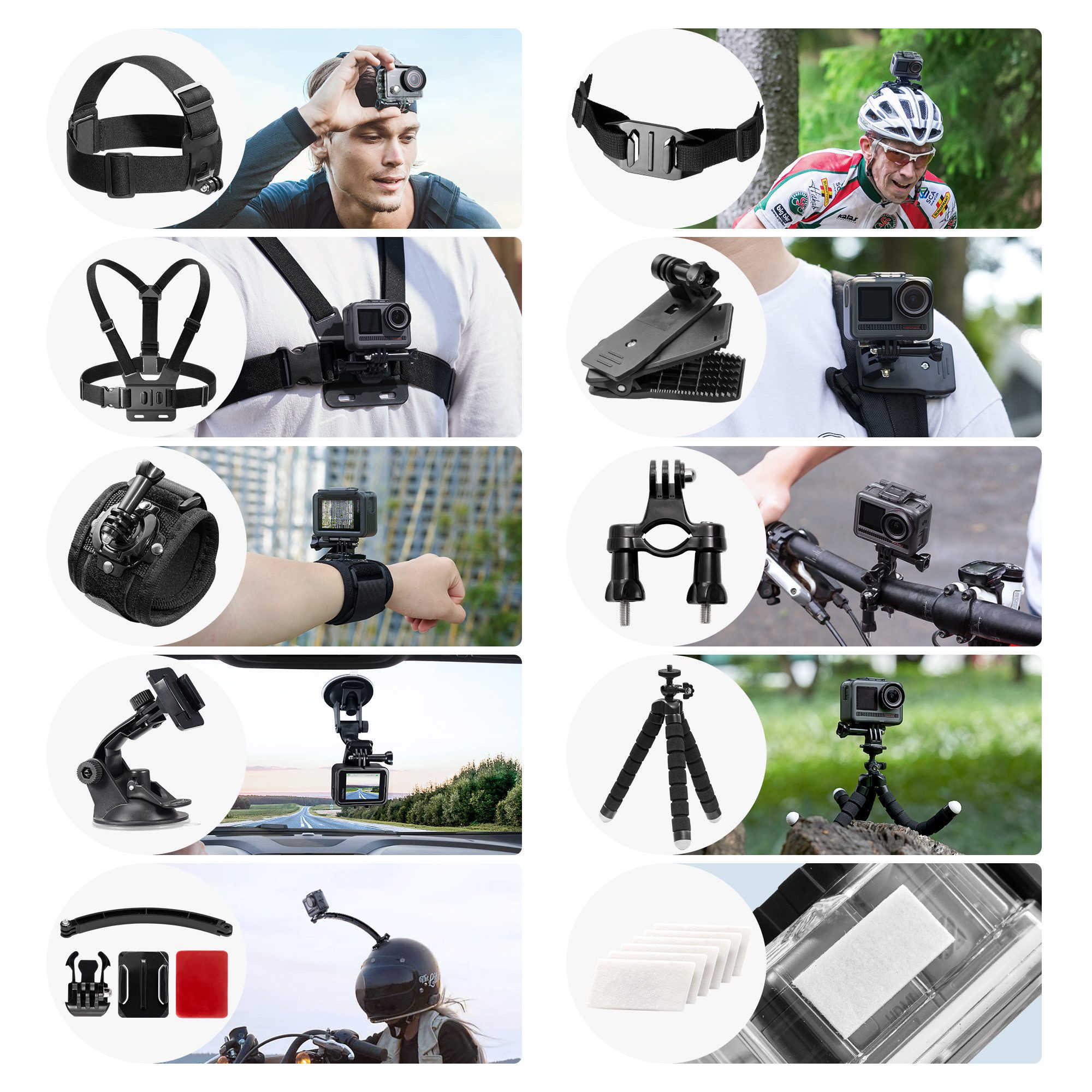 Akaso Action Cam-Halterung Zubehör-Set 42 in 1 für AKASO, GoPro Hero, DJI Osmo, (42-tlg., Komplett für Vlogging, Radfahren, Wassersport, universell kompatibel)