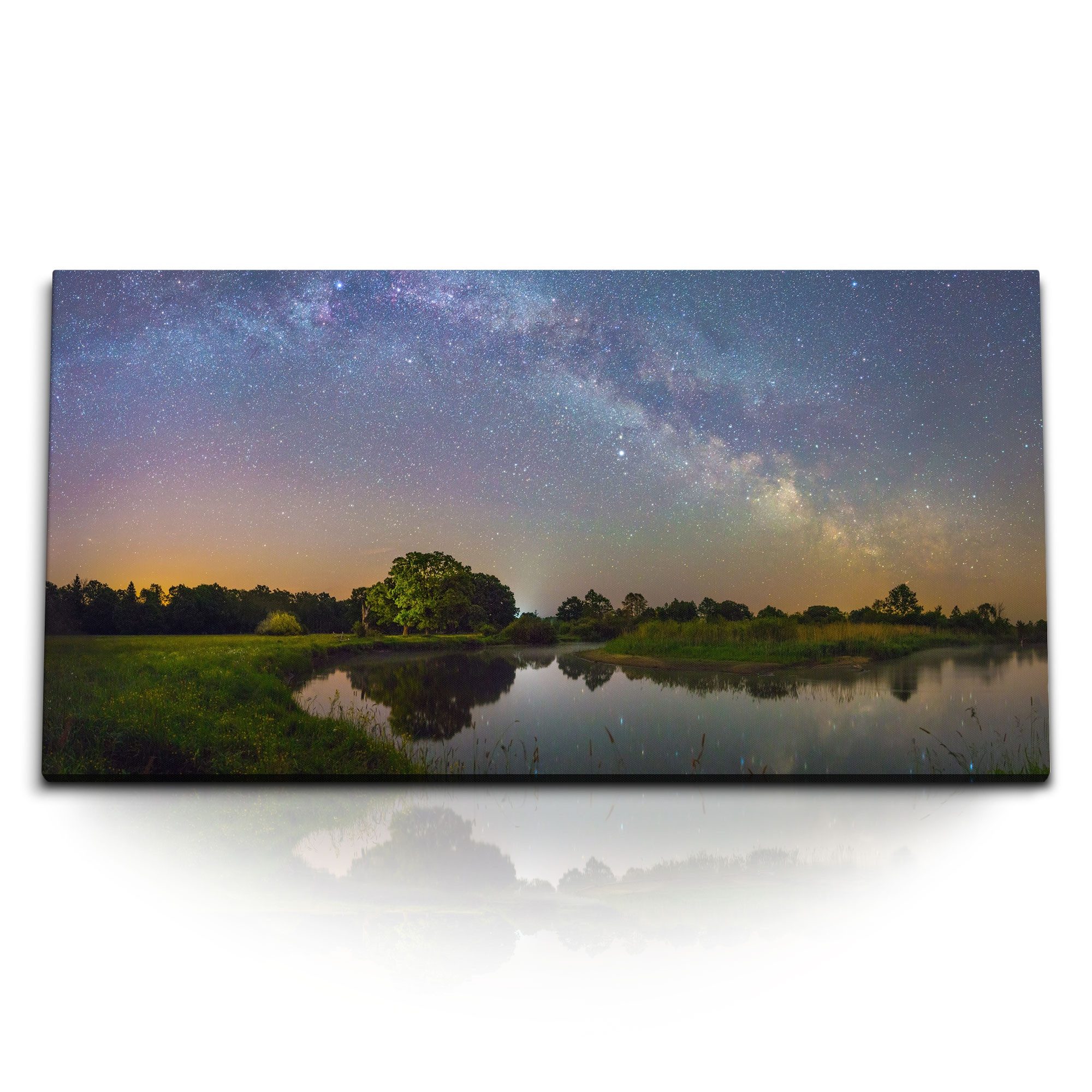 Leinwandbild Kunstdruck Bilder 120x60cm Sternenhimmel Milchstraße Sterne Nacht See