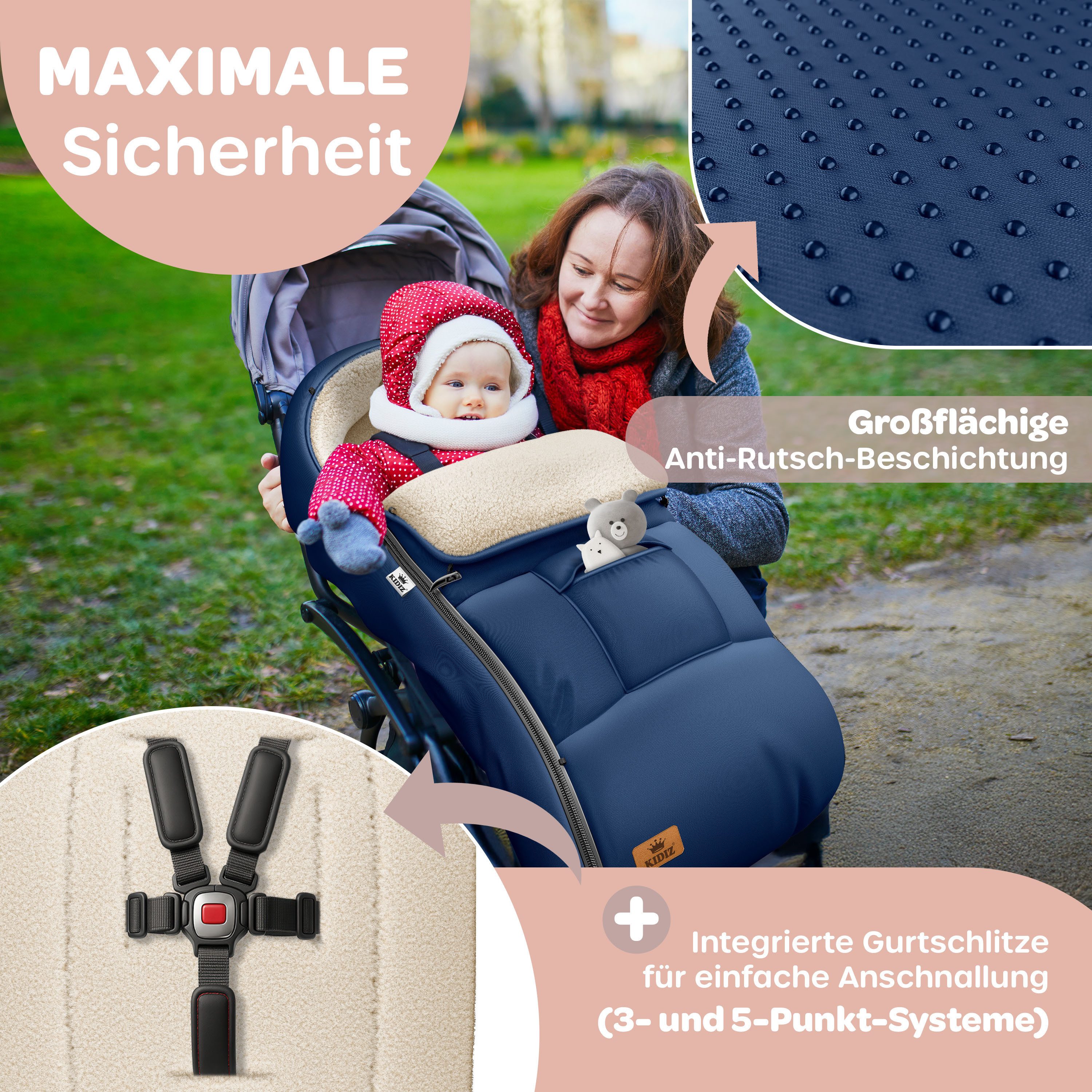 KIDIZ Fußsack Winterfußsack gefüttert, mit weichem Fleece gefüttert, für Kinderwagen, Autositz & Buggys