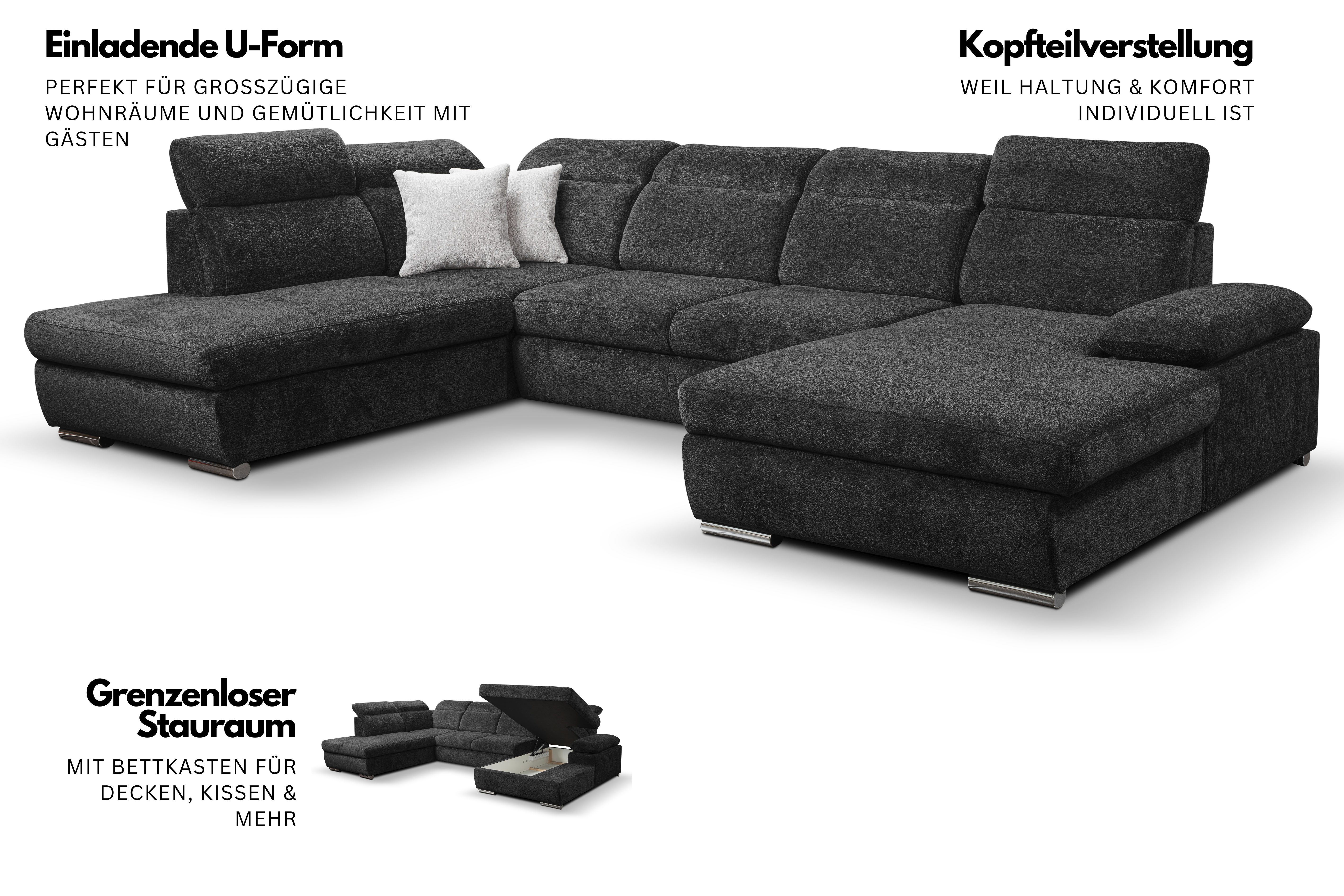 WERK2 Wohnlandschaft Cordoba inkl. Bett, Bettkasten & Kopfteilfunktion, Breite 359 cm, bequem, komfortable Wellenunterfederung, inkl. Schlaffunktion, U-Form