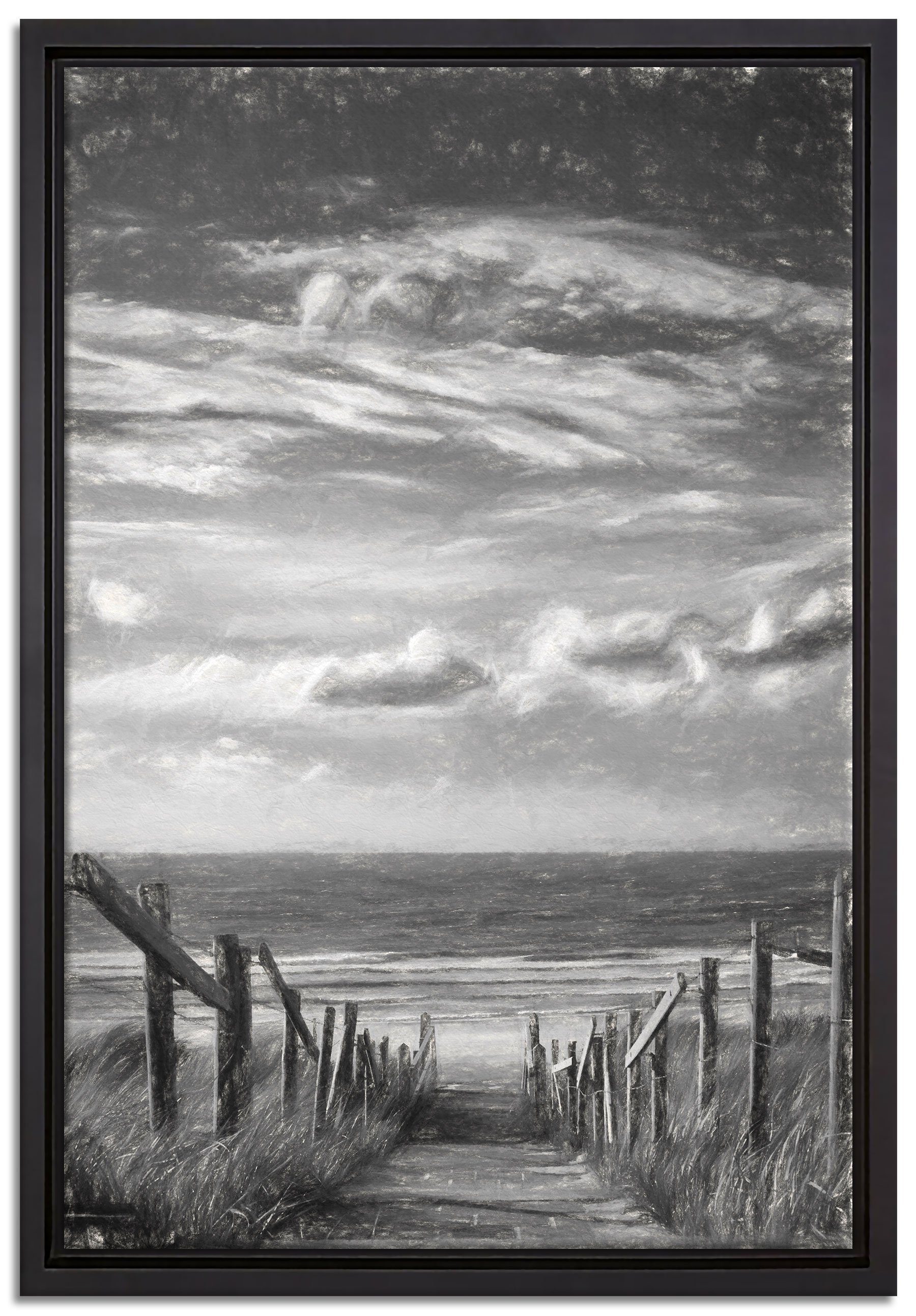 Pixxprint Leinwandbild Weg zum Strand am Meer Kunst, Wanddekoration (1 St), Leinwandbild fertig bespannt, in einem Schattenfugen-Bilderrahmen gefasst, inkl. Zackenaufhänger