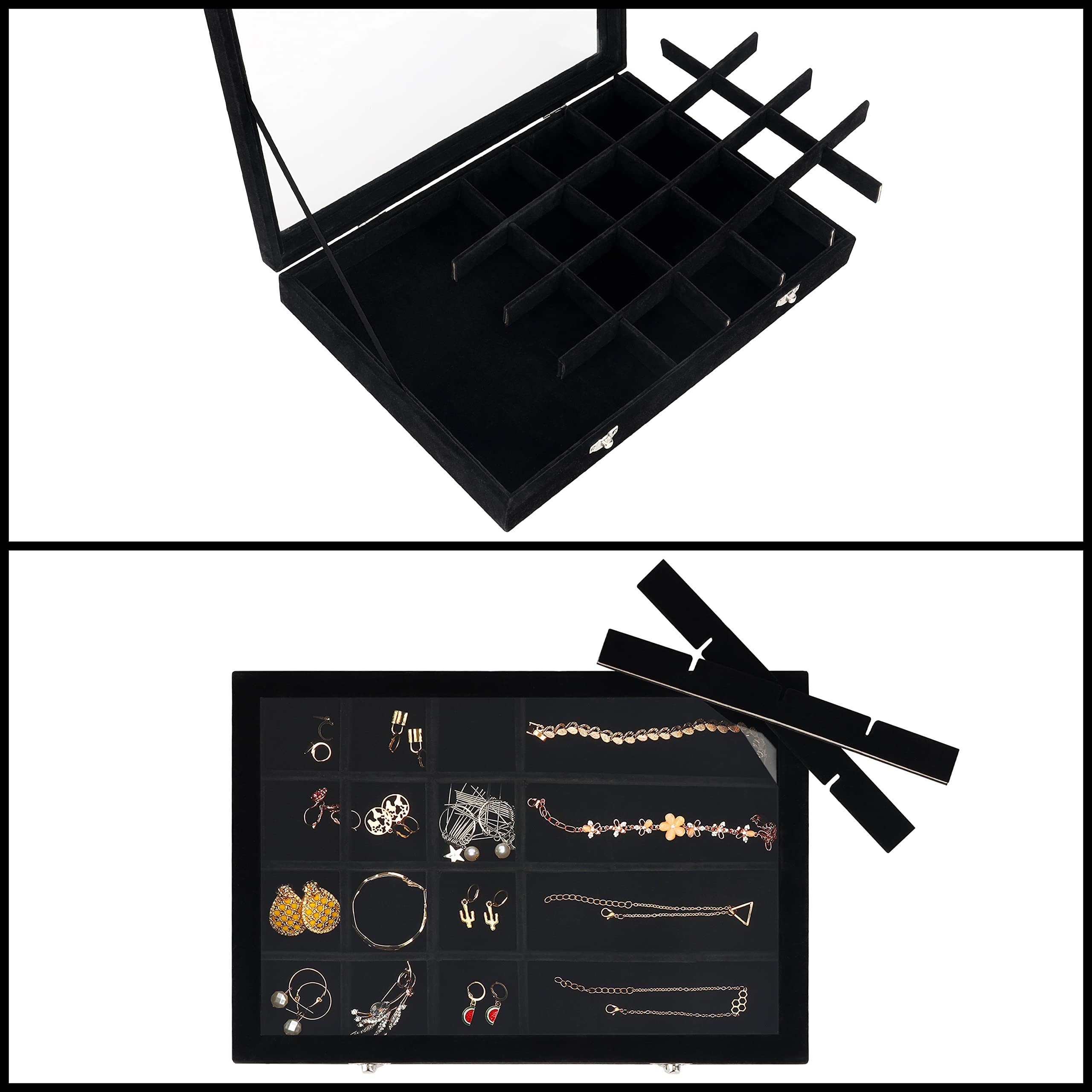 Belle Vous Schmuckständer - Schmuckaufbewahrungsbox Stackable Large Box aus schwarzem Jewelry Black Velvet Organizer Samt, Große stapelbare
