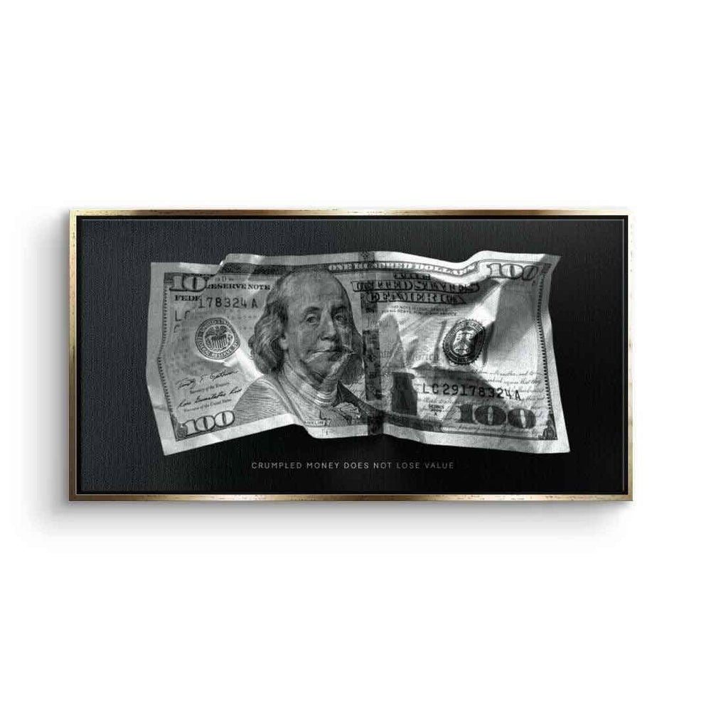 Money Rahmen Leinwandbild, V4 Motivationsbild silberner DOTCOMCANVAS® Premium - Crumble