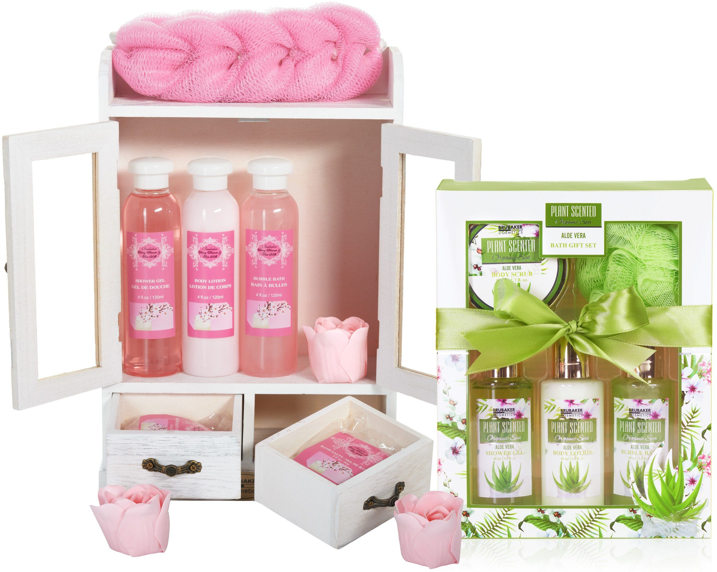 BRUBAKER Pflege-Geschenkset 2 in 1 Pflegeset Kirschblüte & Aloe Vera - Wellness Set, 15-tlg., Damen Dusch- und Badeset - Frauen Beauty Geschenkset mit Dekoration