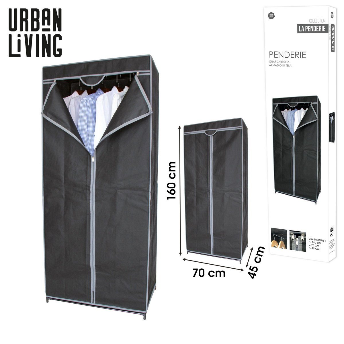 Falt-Tür Kleiderstange, 70x45x160 LA Garderobe PENDERIE zum mit Falt-Schrank Kleiderschrank Urban Reißverschluss Living Hochziehen, cm