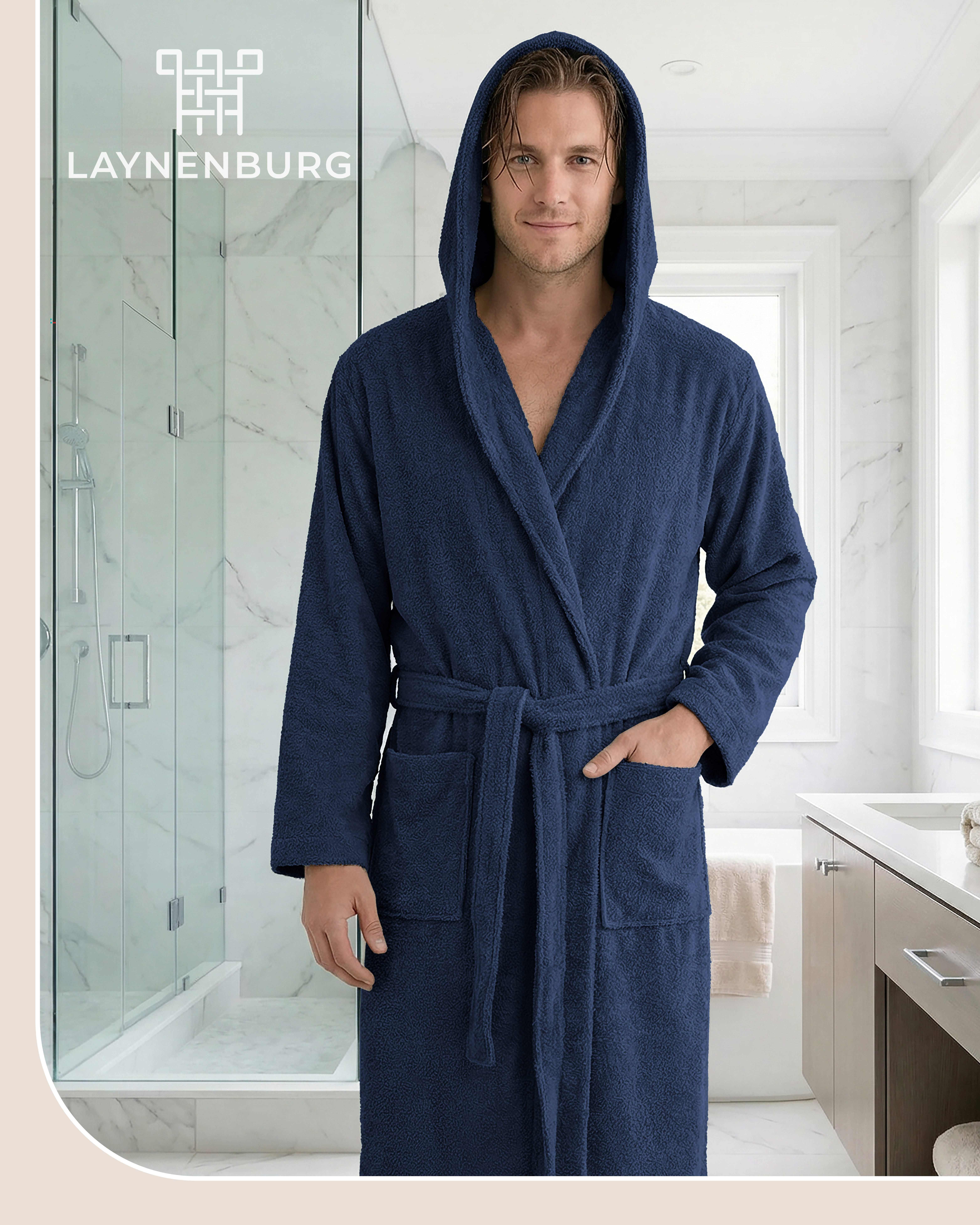 Laynenburg Herrenbademantel Bademantel Herren mit Kapuze aus 100% Baumwolle Frottee, mit Gürtel, aufgesetzten Taschen, Waden-lang für Spa, Sauna, M-XXXL