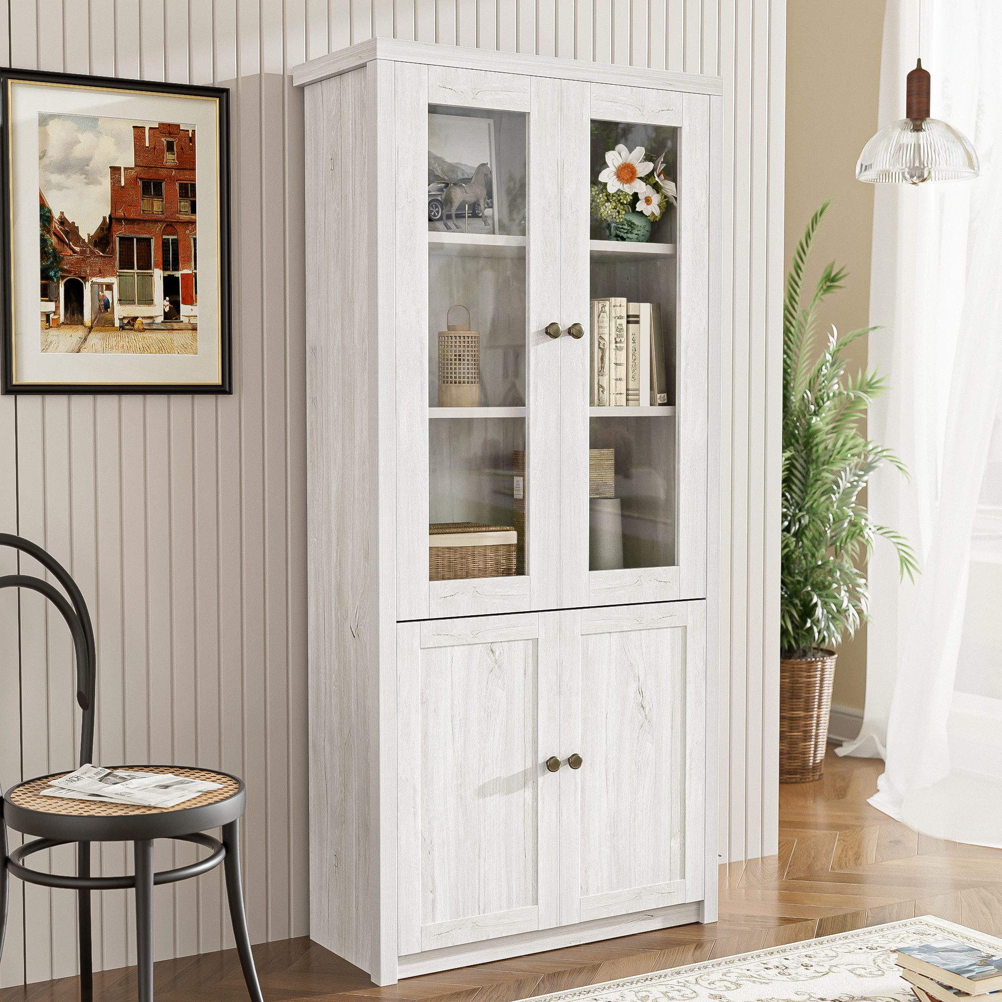 Flieks Hochschrank mit Glastüren/Holztüren (B80/T34/H171 cm, günstig online kaufen