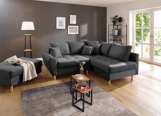 Home affaire Ecksofa Rice L-Form, Set, mit Hocker, Massivholzfüße und Federkernpolsterung - Einrichtungsbeispiel
