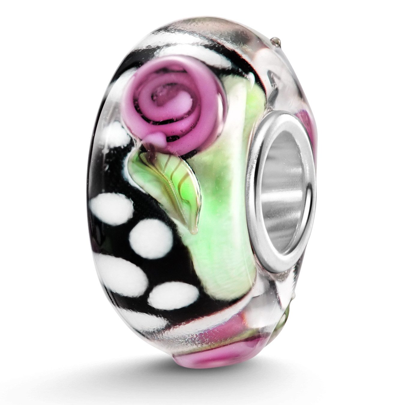 Materia Bead schwarz mit Rosen und weißen Punkte 1659, Kern aus 925 Sterling Silber