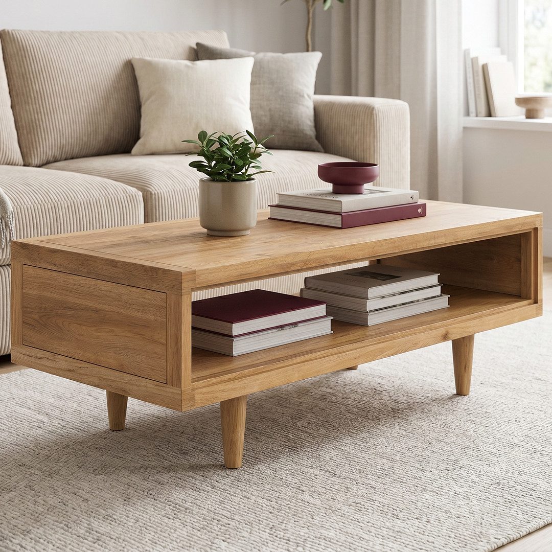 skølm Couchtisch Eivind aus massivem Eichenholz, lackiert (110x50x40 cm, Eiche), Sofatisch Wohnzimmer mit Ablagefach