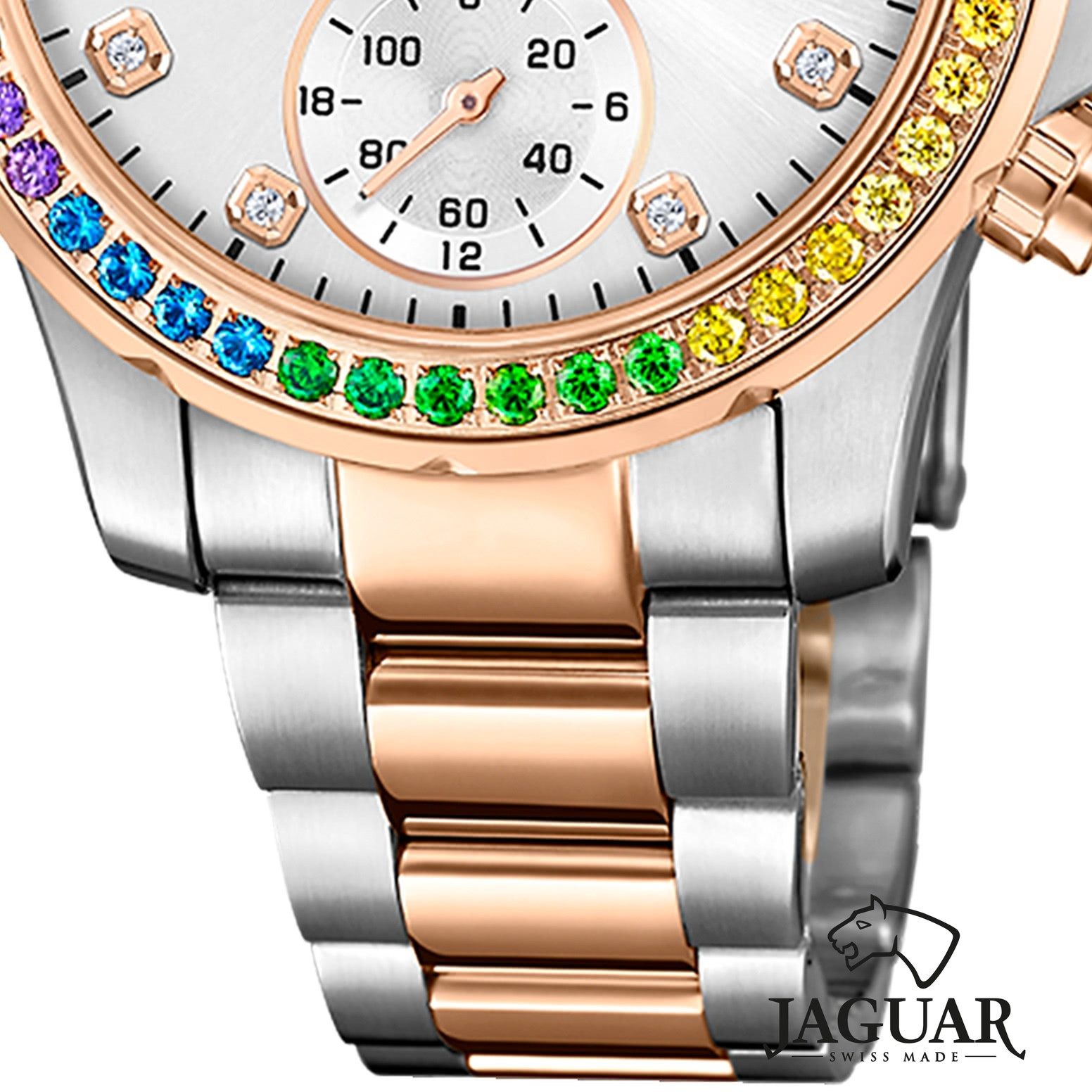 JAGUAR Multifunktionsuhr Jaguar Damenuhr Edelstahl silber rosegold, (Multifunktionsuhr), Damen Armbanduhr rund, Edelstahlarmband silber, rosegold