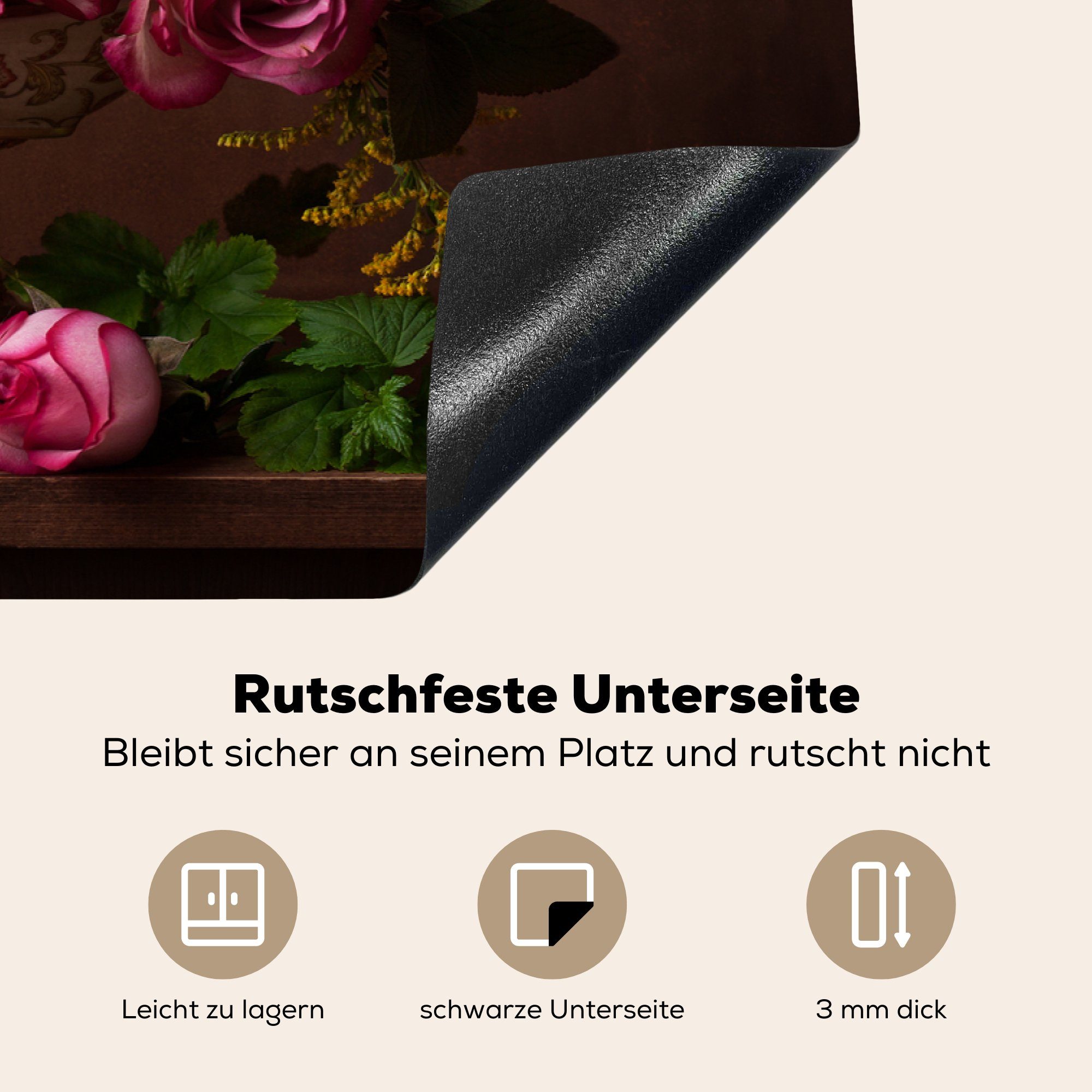 (1 Blumen Stilleben, - tlg), küche, für - Ceranfeldabdeckung 81x52 Rosen Herdblende-/Abdeckplatte Induktionskochfeld die Vinyl, Schutz MuchoWow cm,