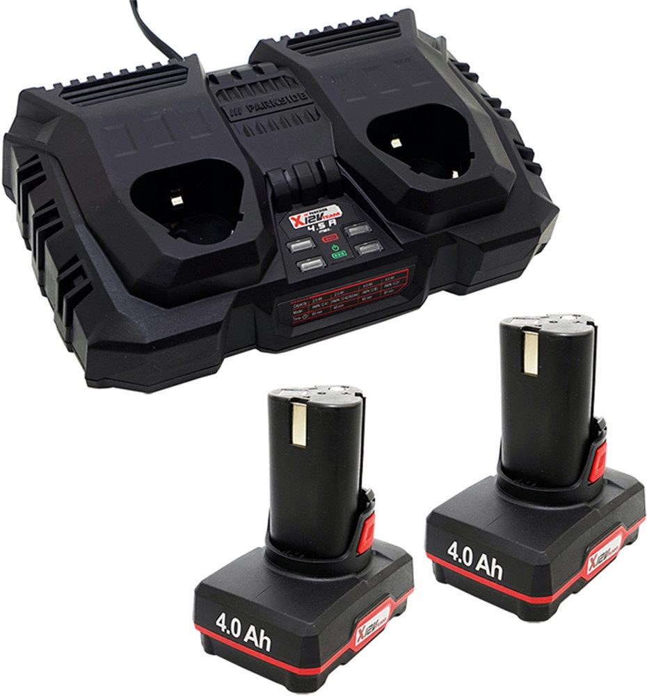 Parkside 2x 12V 4Ah Akku + 1x Doppel Ladegerät PDSLG 12 - X12V Serie Batterie-Ladegerät (Gleichzeitiges Laden beider Akkus)