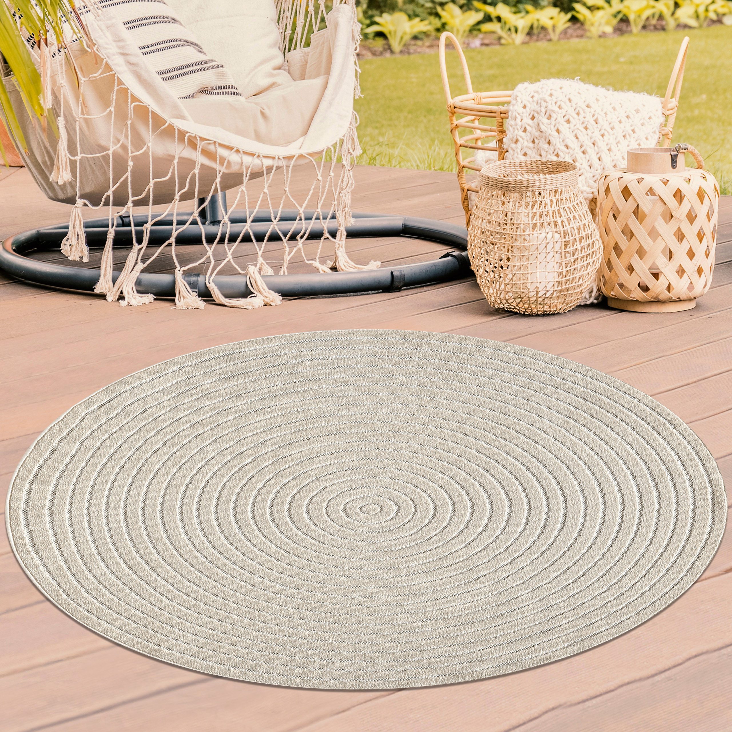 TeppichHome24 Outdoorteppich Outdoor Teppich Beige rund robust pflegeleicht vielseitig einsetzbar, Rund, Höhe: 5 mm