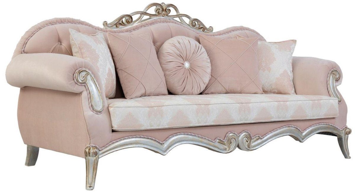 Casa Padrino Sofa Luxus Barock Wohnzimmer Sofa mit dekorativen Kissen Rosa / Silber / Gold 230 x 90 x H. 105 cm - Prunkvolle Möbel im Barockstil