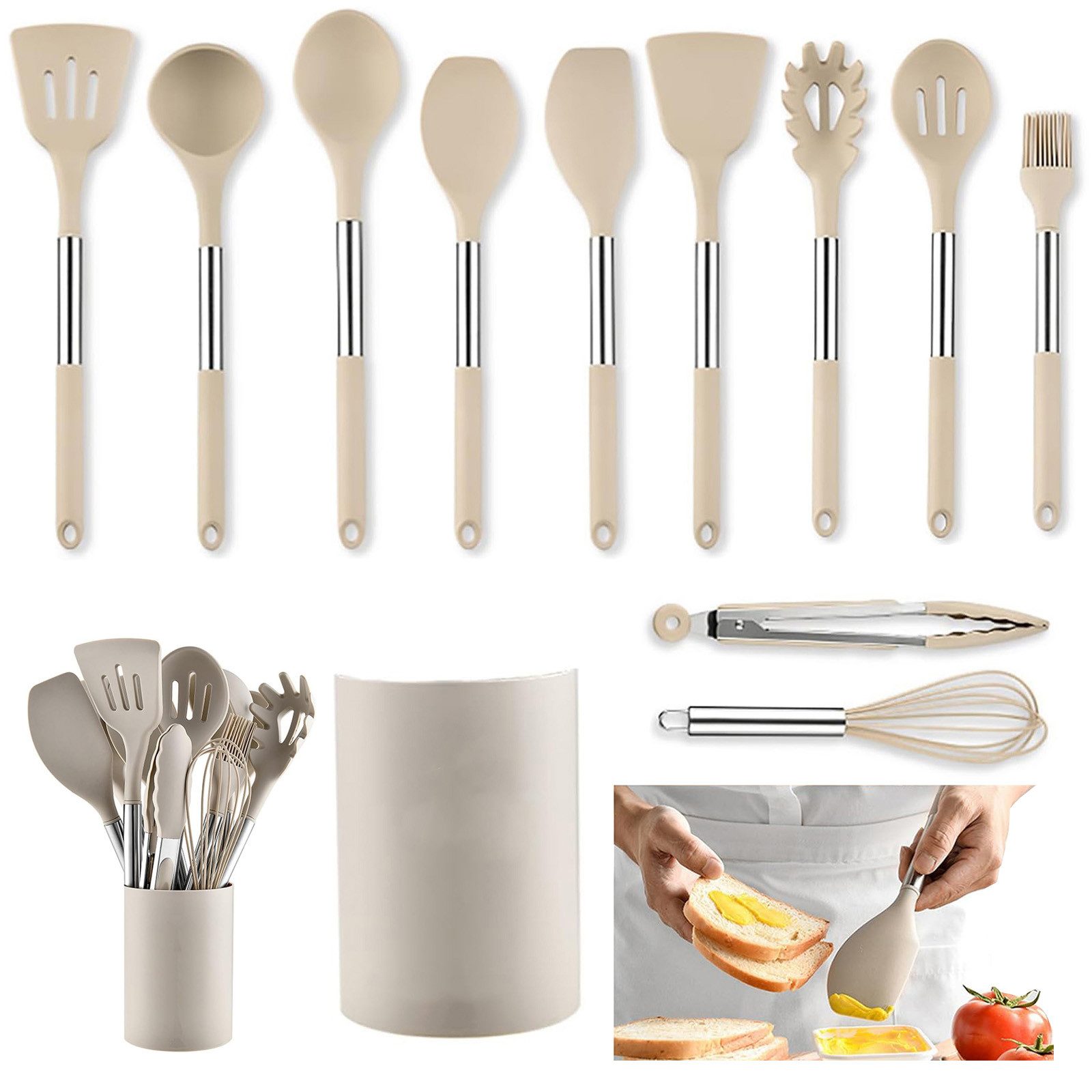 MODFU Kochbesteck-Set 12er Küchenhelfer Set Kochgeschirr Küchenutensilien Küchengerät Küchen (Kochset Antihaft Hitzebeständig mit Utensilienhalter und Aufhängeloch, 12-tlg., Silikon, Kochbesteck, Kochutensilien), Spülmaschinengeeignet für Kochen Braten Schöpfen Mischen und Backen