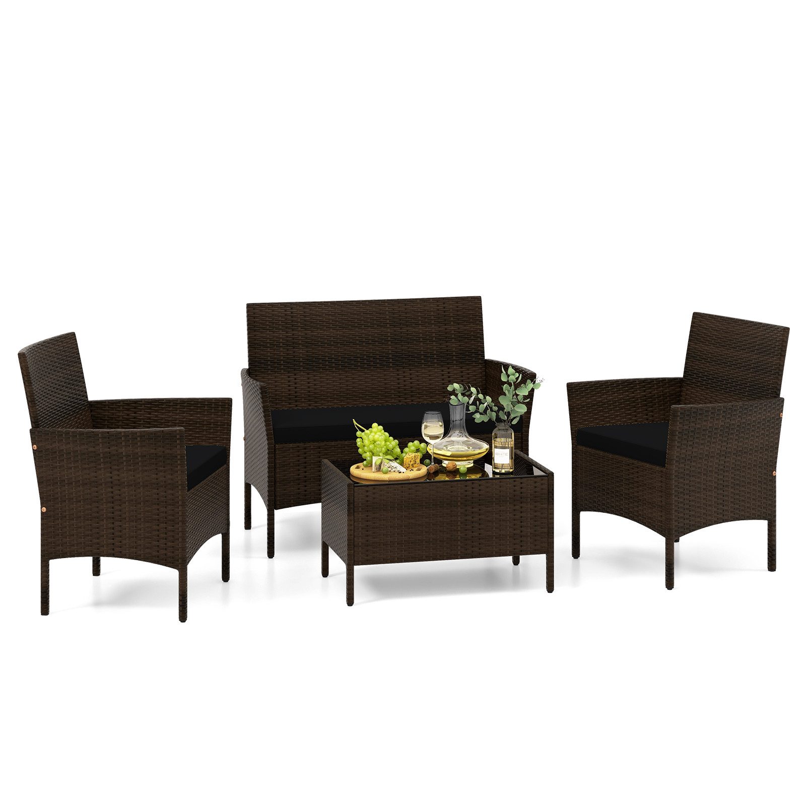 COSTWAY Balkonset, (4-tlg), 4 Personen, Rattan mit 2 Sessel, Bank, Tisch & Sitzkissen