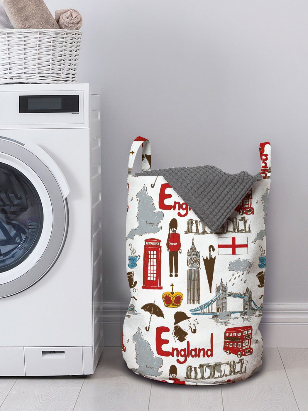 Abakuhaus Sketch Kordelzugverschluss für Wäschesäckchen London Waschsalons, Spaß-bunter Griffen Wäschekorb mit