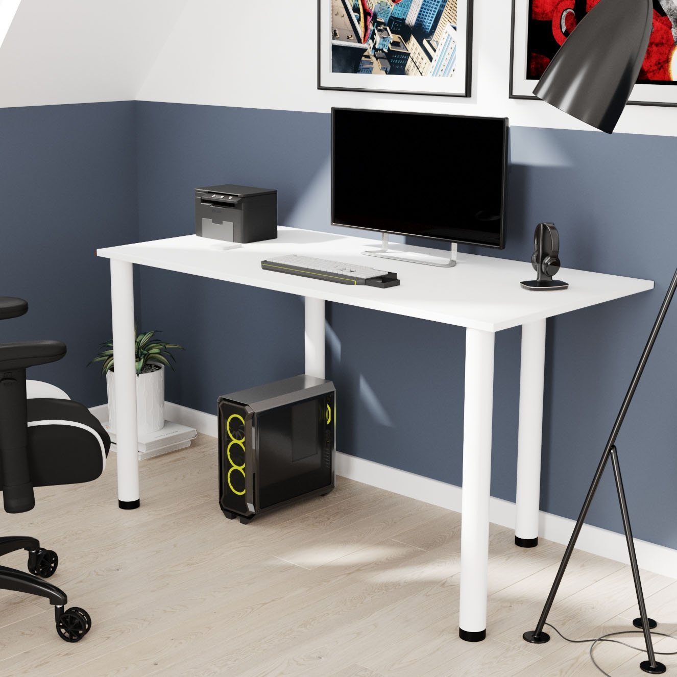 AKKE Schreibtisch, Schreibtisch mit Kabeldurchführung und weißen Beinen 2mm PVC Weiss