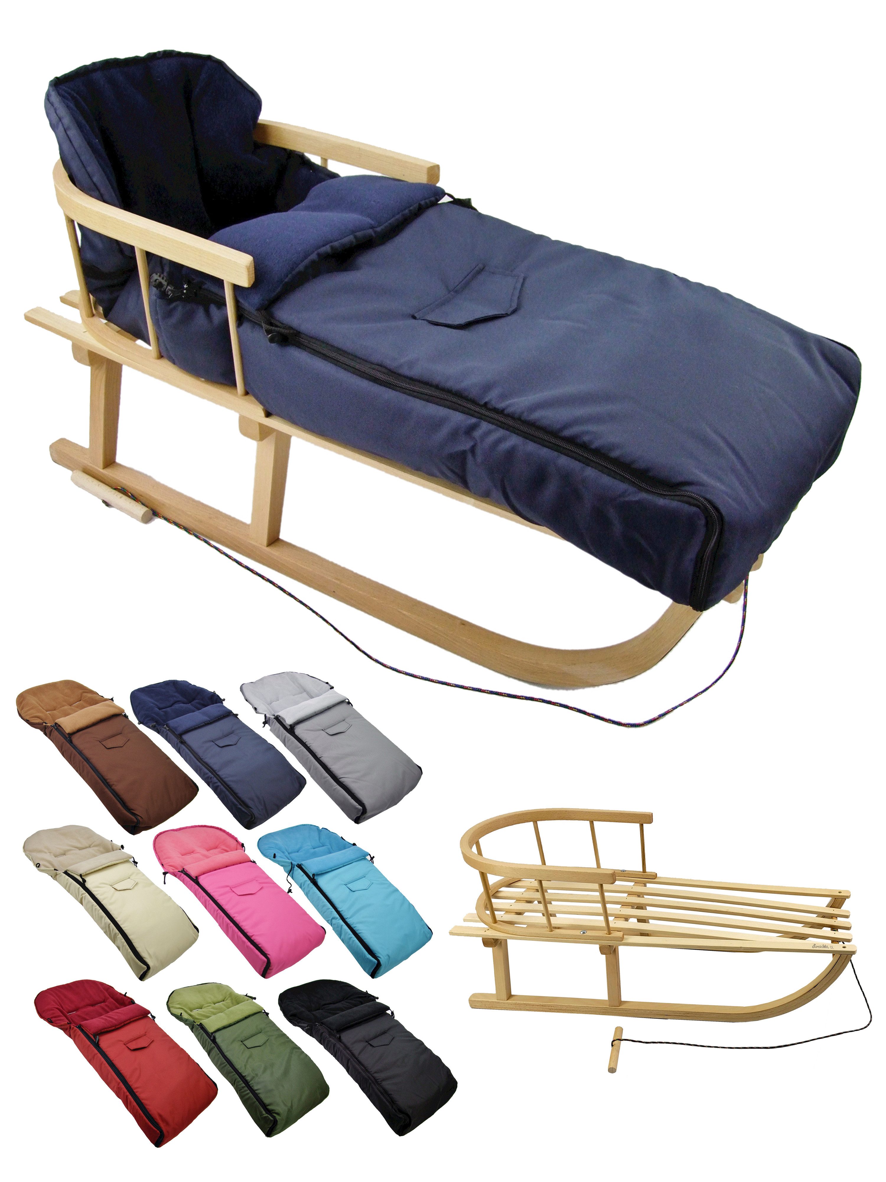 BambiniWelt by Rafael K. Davoser Schlitten CE-HOLZSCHLITTEN mit Rückenlehne Zugleine + WINTERFUßSACK Fleece 108cm