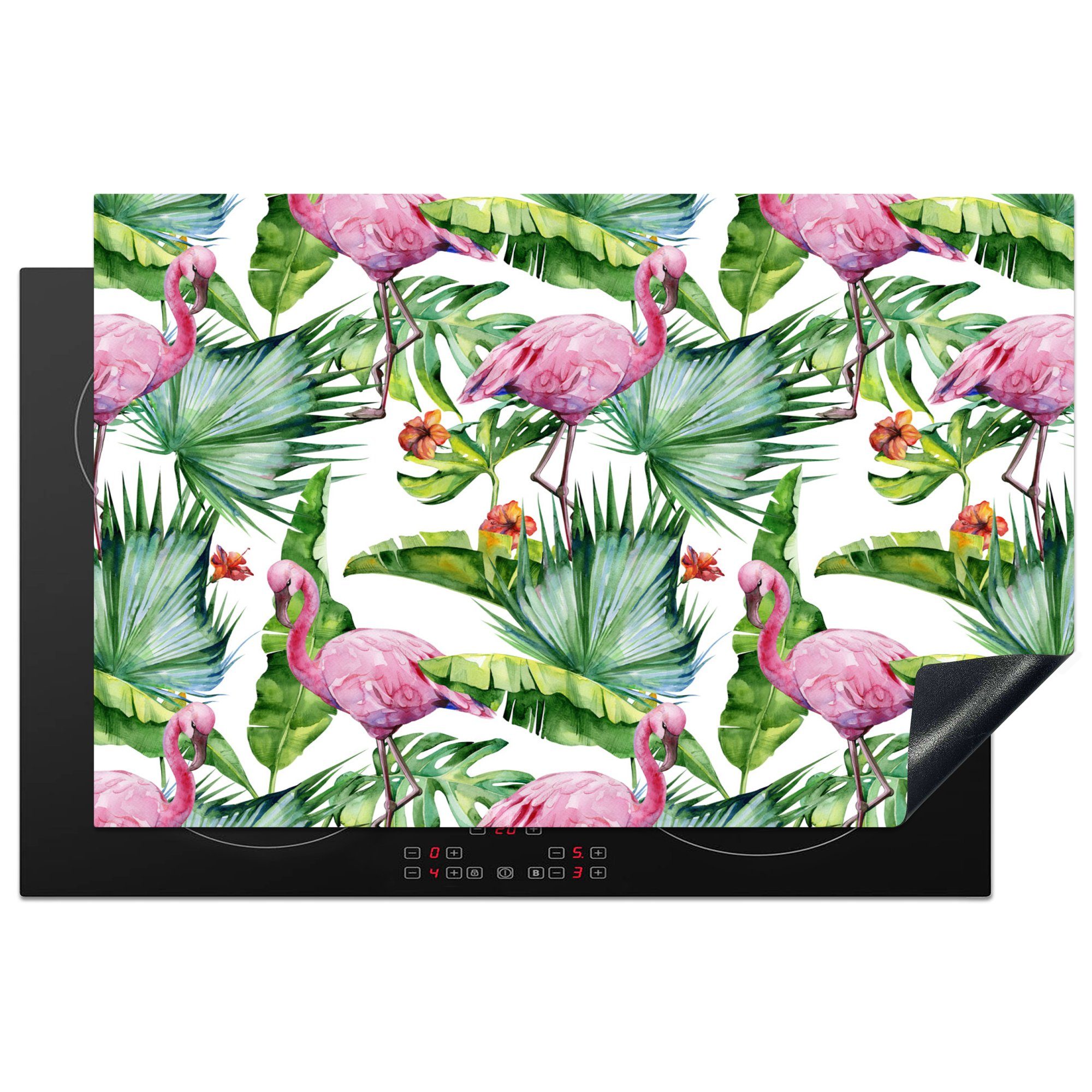 Vinyl, - Schutz Blätter 81x52 Ceranfeldabdeckung Blumen cm, für (1 tlg), Dschungel, die küche, Flamingo Induktionskochfeld - - Herdblende-/Abdeckplatte MuchoWow