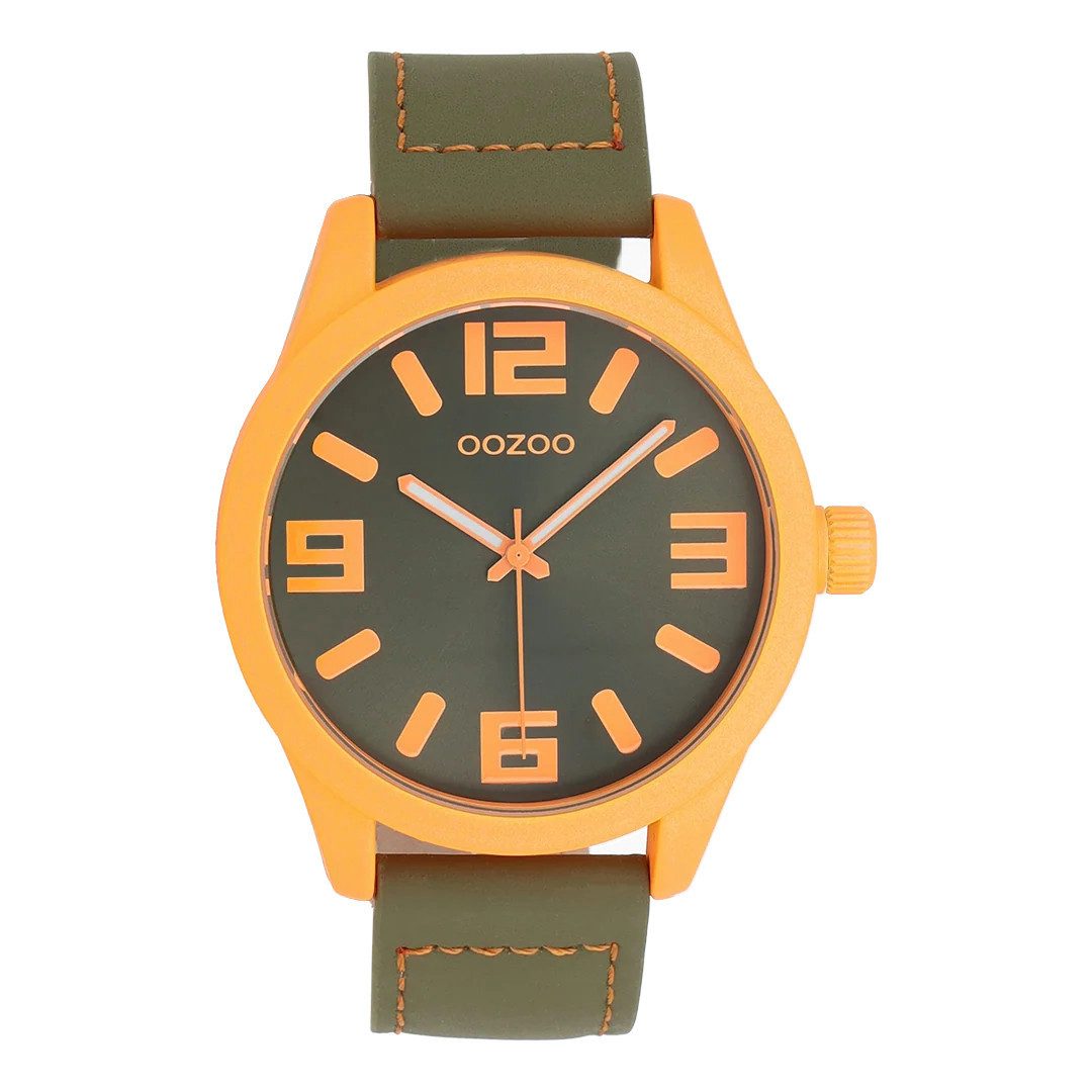 OOZOO Quarzuhr XXL Armbanduhr C0917 Grün Orange Lederband 46 mm