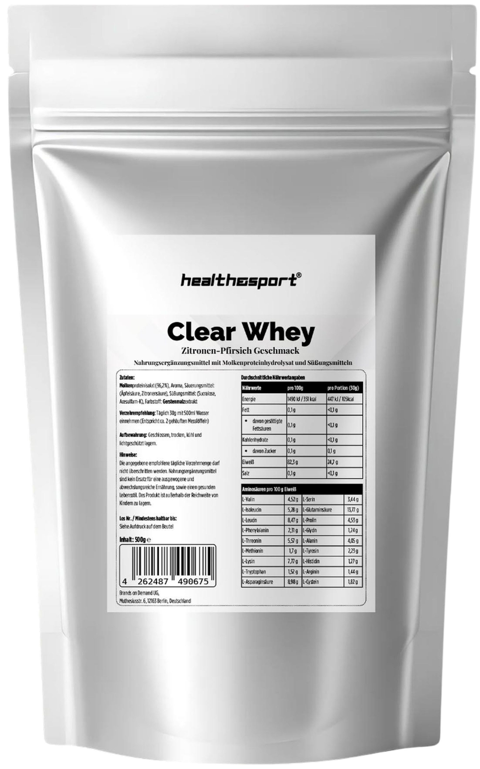 health&sport Clear Whey Zitrone-Pfirsich – Für Muskelaufbau, Regeneration, Fitness Pulver, 500 g