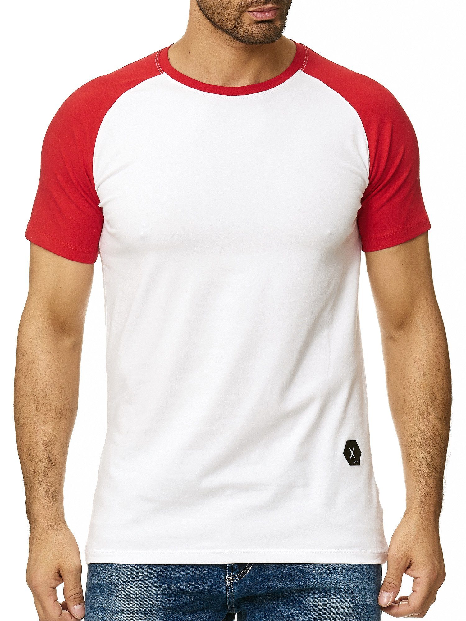 Casual Tee, Fitness Freizeit Polo OneRedox (Shirt Kurzarmshirt 1302C T-Shirt Weiss 1-tlg) Rot