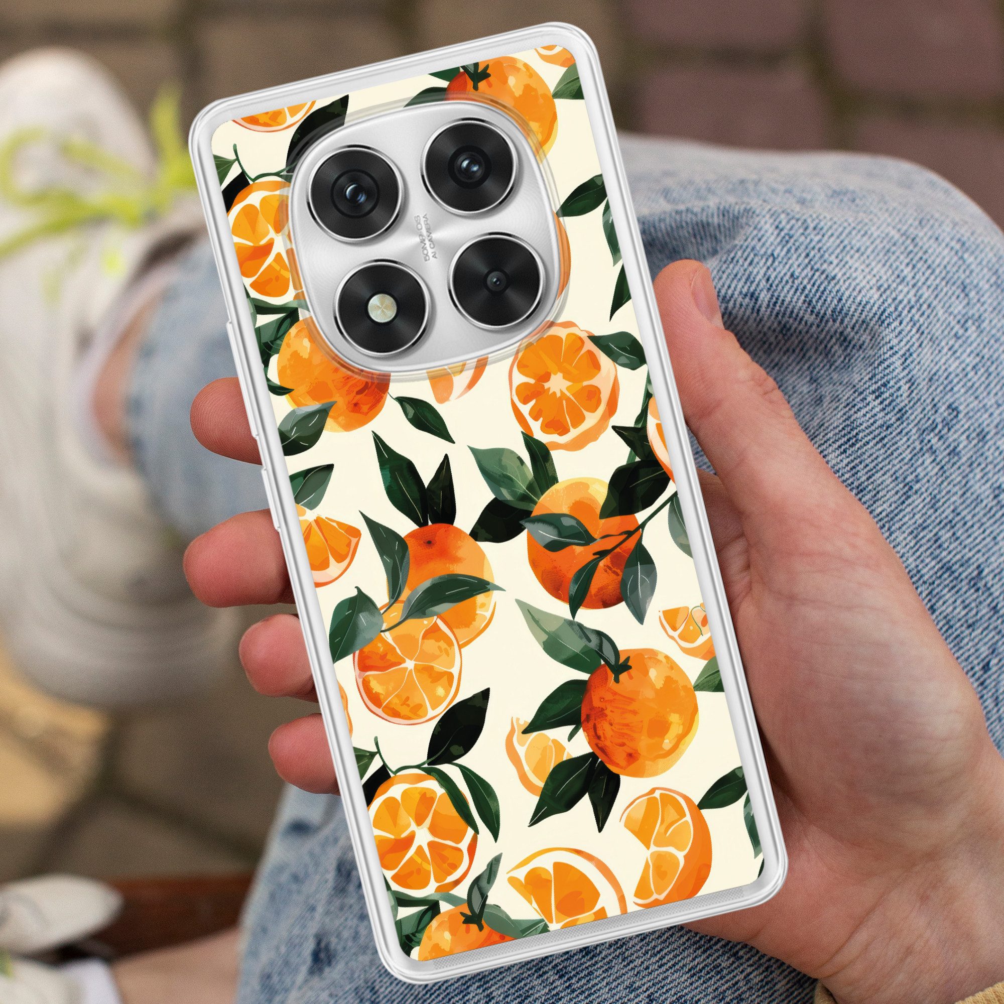 MuchoWow Handyhülle für Xiaomi Redmi Note 14 Pro+ Orangen - Früchte - Blätter - Orange - G, Handy Case, Silikon, Bumper Case Dünn