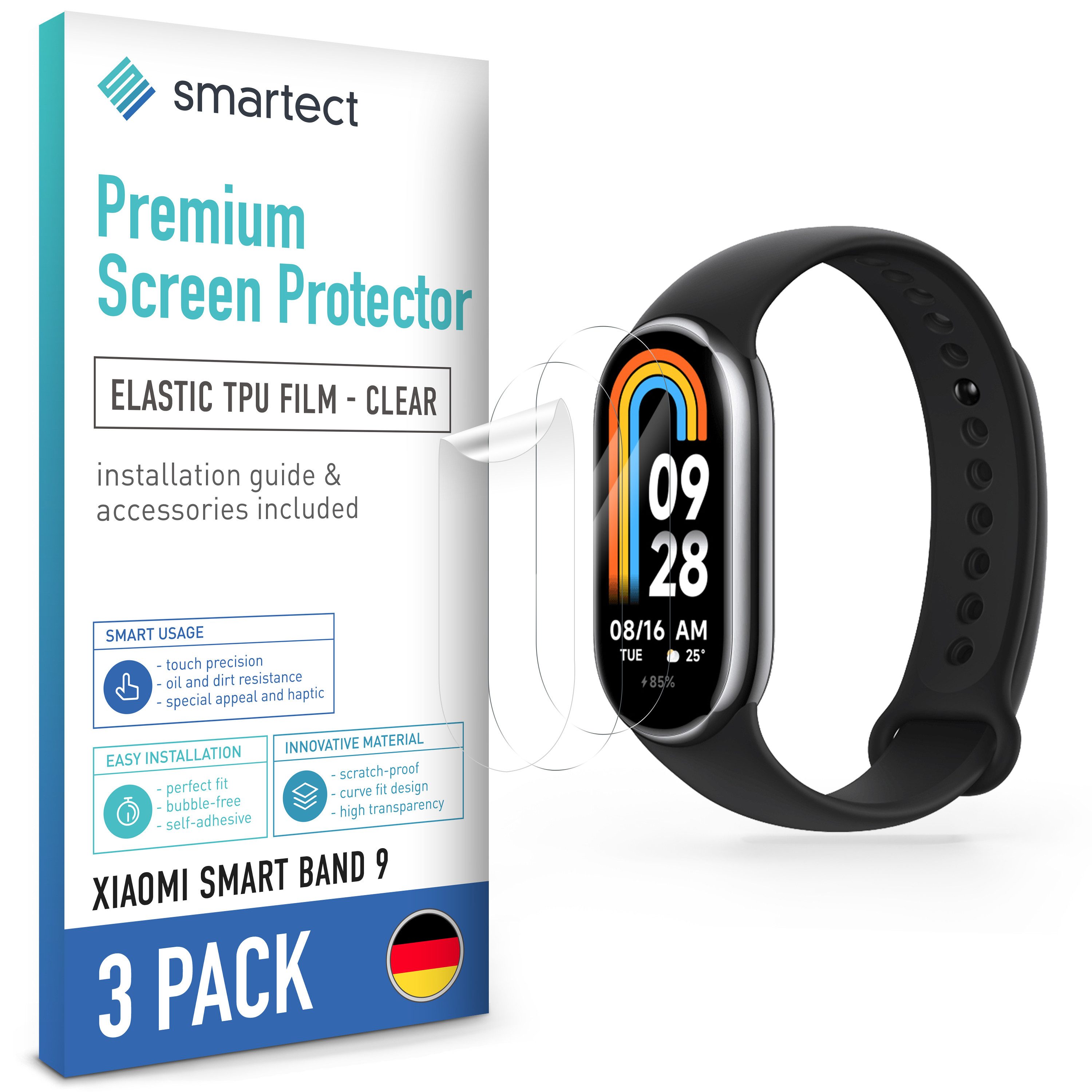 smartect Displayschutzfolie TPU Schutzfolie Klar für Xiaomi Smart Band 9, Set, 3 Stück, Panzerfolie Bildschirm Displayfolie