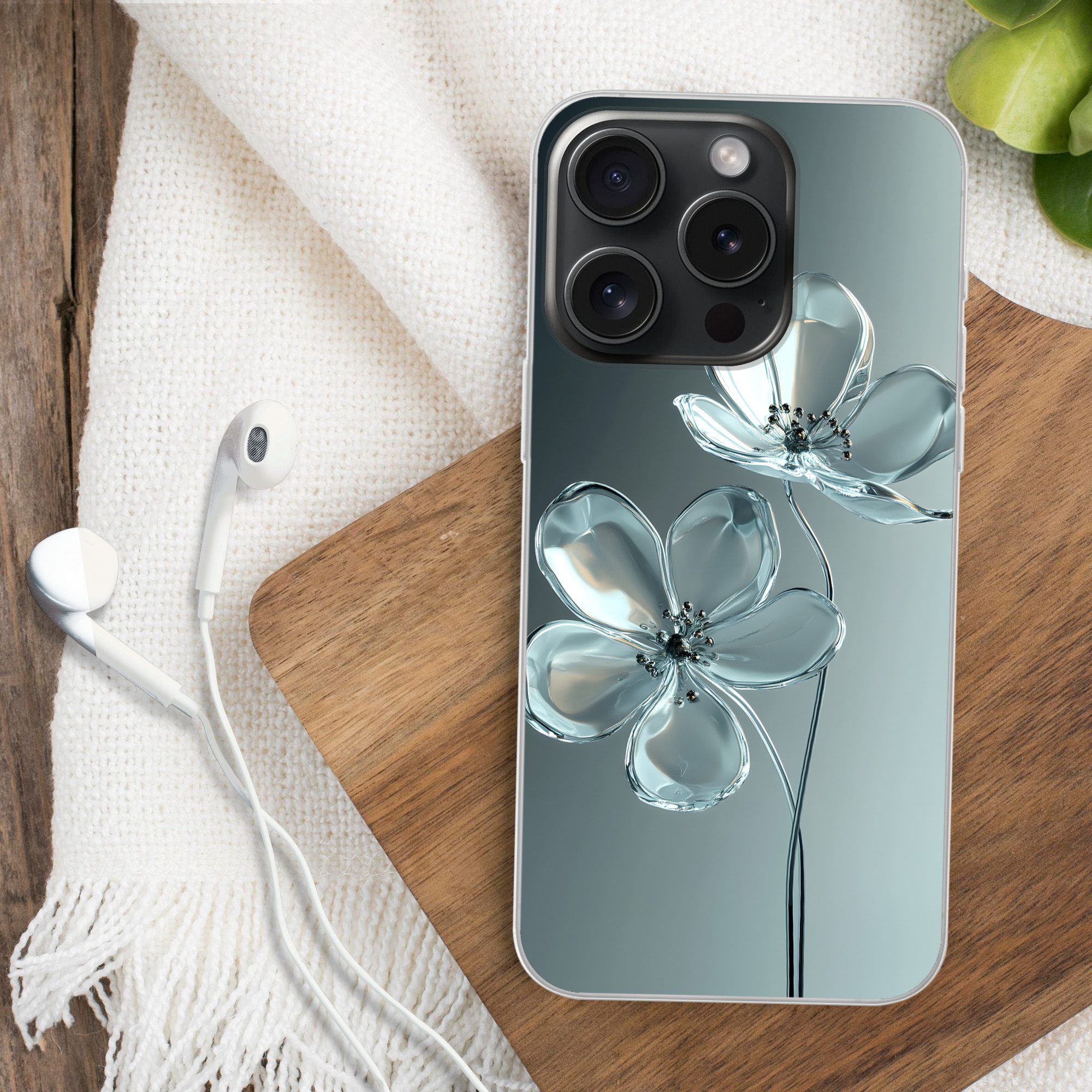 MuchoWow Handyhülle für Apple iPhone 15 Pro Kristall - Blumen - Grau, Smartphone-Bumper, Print, Handy Schutzhülle Dünn