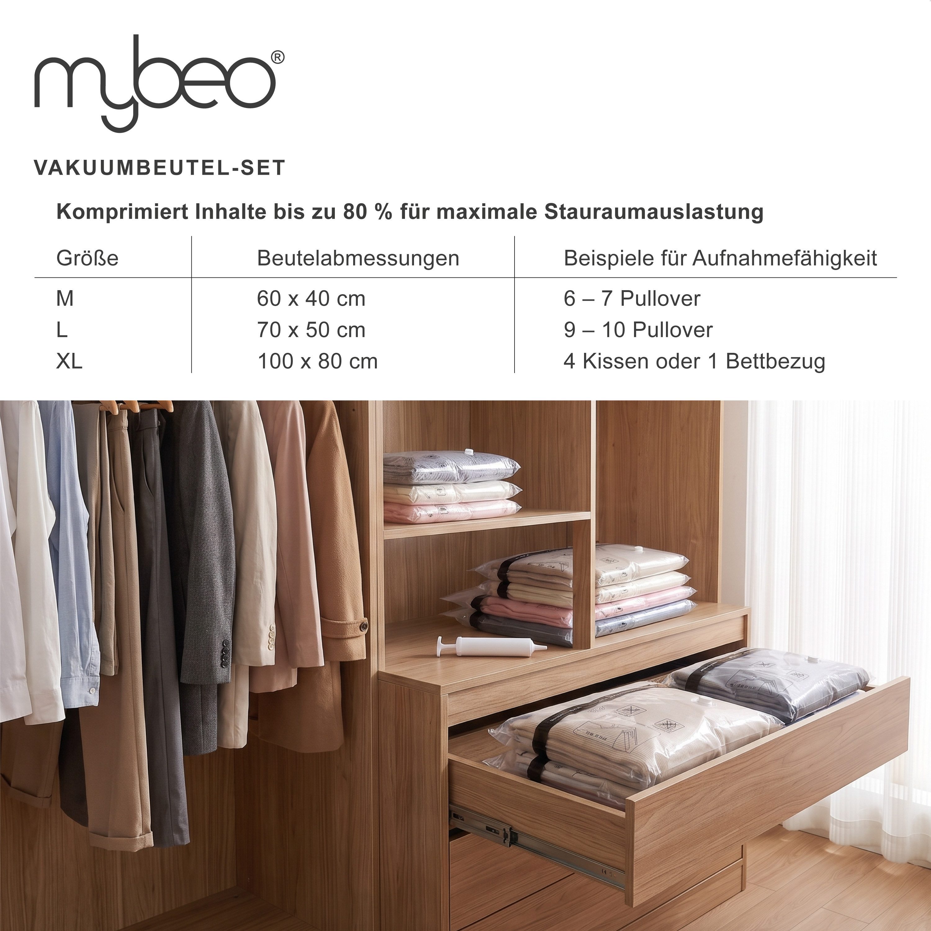 MyBeo Vakuumierbeutel 6x Vakuumbeutel, 80 x 100 cm, Kompressionsbeutel, Aufbewahrungsbeutel, Platzsparend, Organizer für Kleidung, Bettwäsche, Bettdecken, Reise – Bild 5 von 5