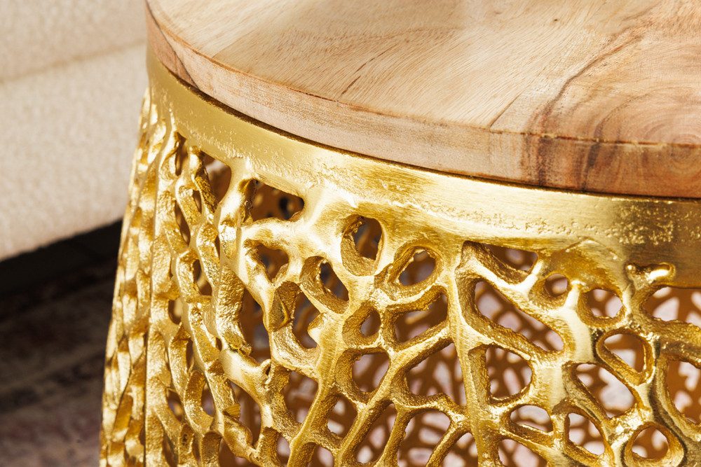 riess-ambiente Couchtisch ABSTRACT LEAF Ø40cm / Ø30cm gold / natur (Set, 2-St), Wohnzimmer · Massivholz · Metall · rund · Handarbeit · Modern Design