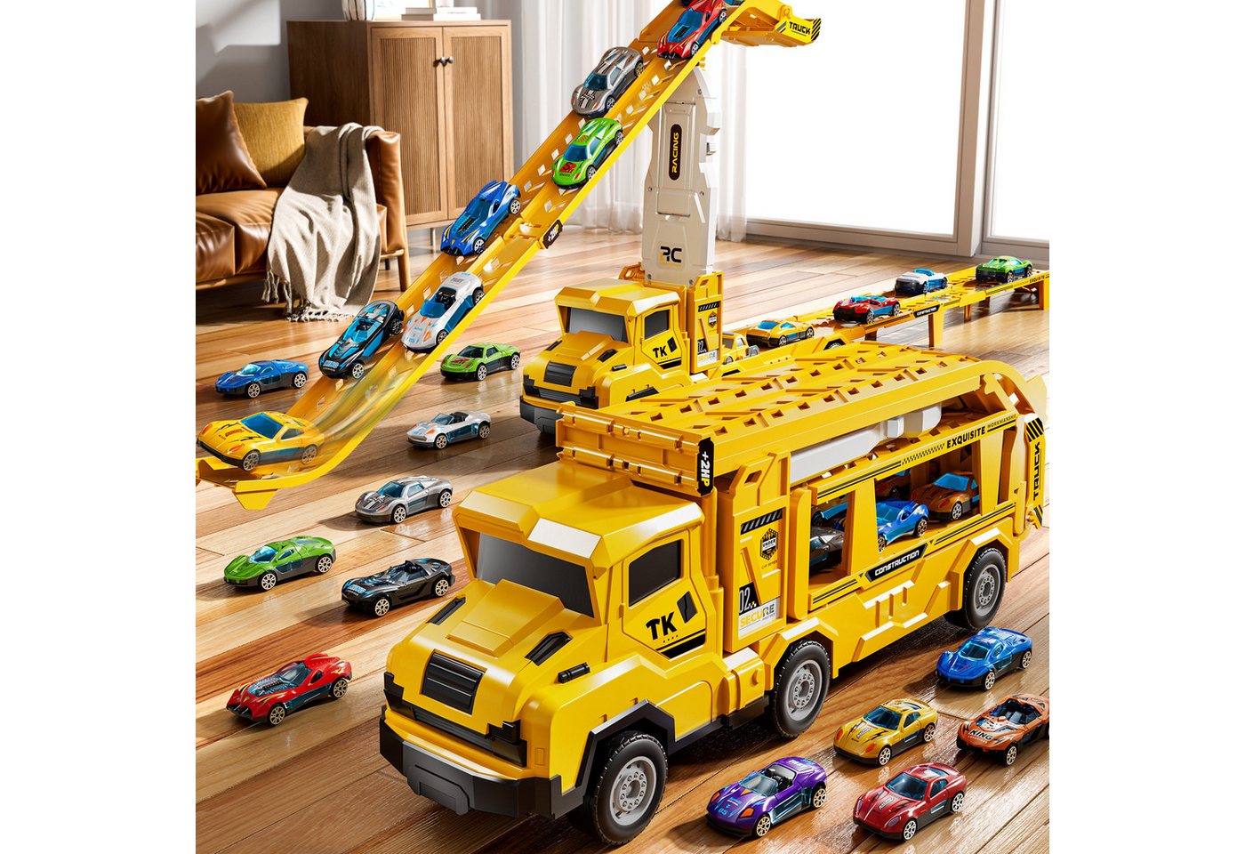 TEMI Spielzeug-Auto Transform Rennbahn LKW Spielzeug Set mit 12 Druckguss Autos