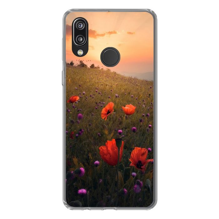 MuchoWow Handyhülle Blumenfeld - Gras - Pflanzen - Sonnenuntergang - Orange Handyhülle Huawei P20 Lite (2019) Handy Case Silikon Bumper Case