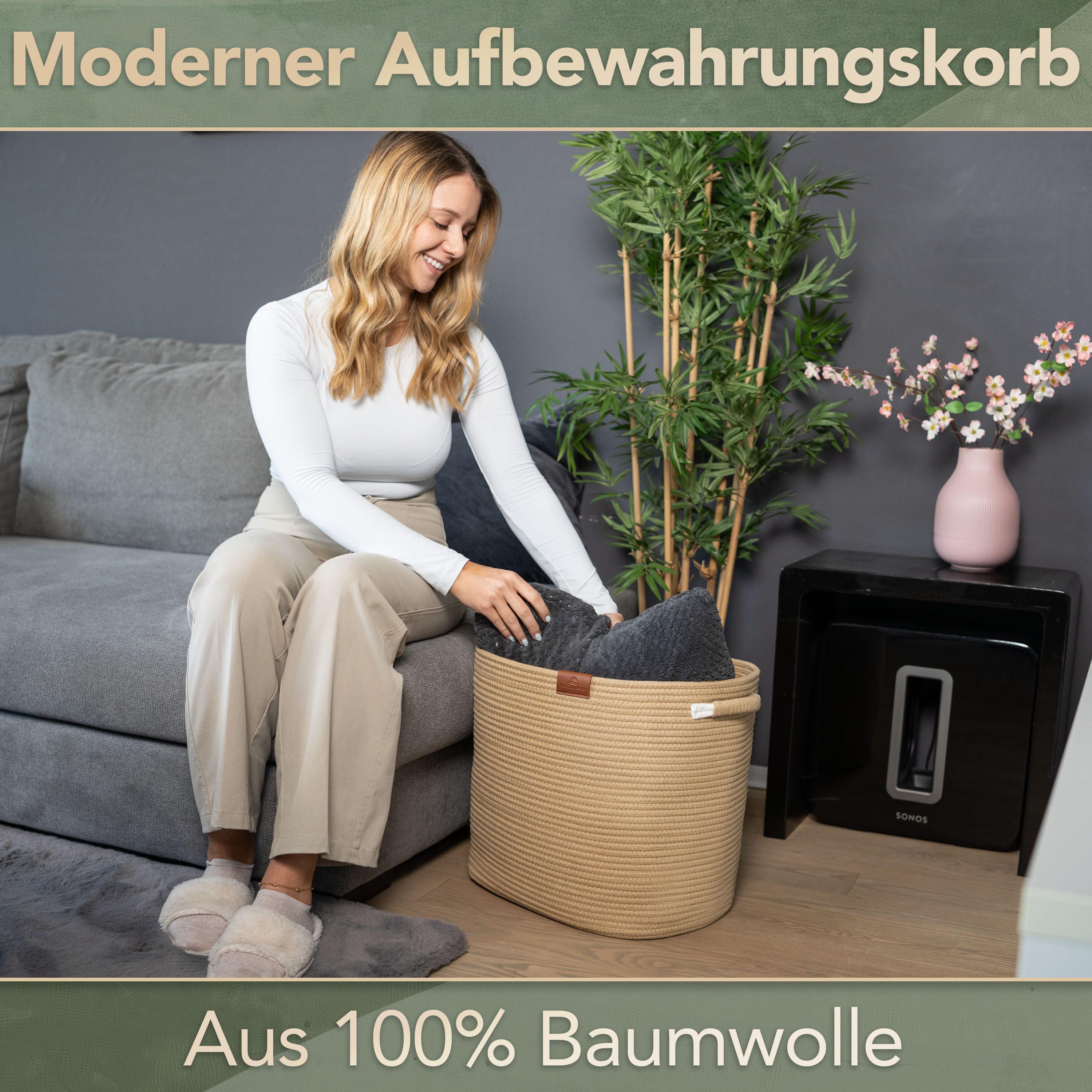 WIESEN.design Aufbewahrungskorb MATTEO 42x30xH38 cm 48 L, Wäschekorb geflochten aus Baumwolle (faltbarer Wäschekorb, Wäschetonne, laundry basket, Wäschesammler, Aufbewahrungskorb groß, Korb geflochten), inkl. schwerem Wäschesack, gratis Versand