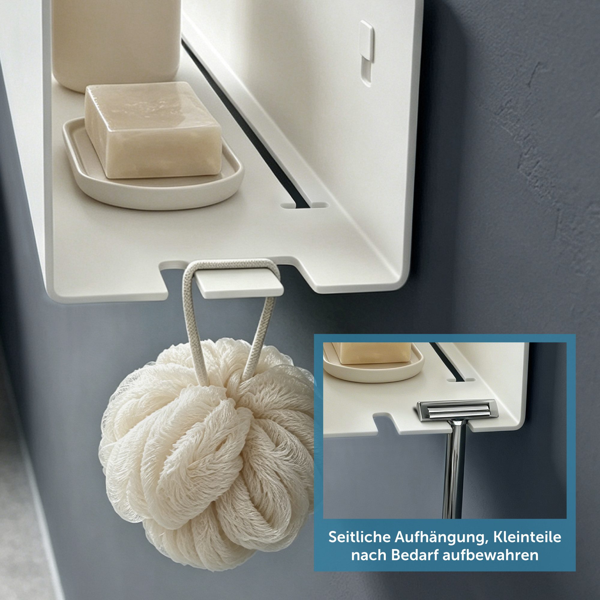 doporro Duschablage Duschregal Wandregal 40cm mit 2 Haken aus Carbonstahl Reglo-18, Offene Drainagestruktur,erhöhter Schutzrand,2 abnehmbare Haken – Bild 4 von 5