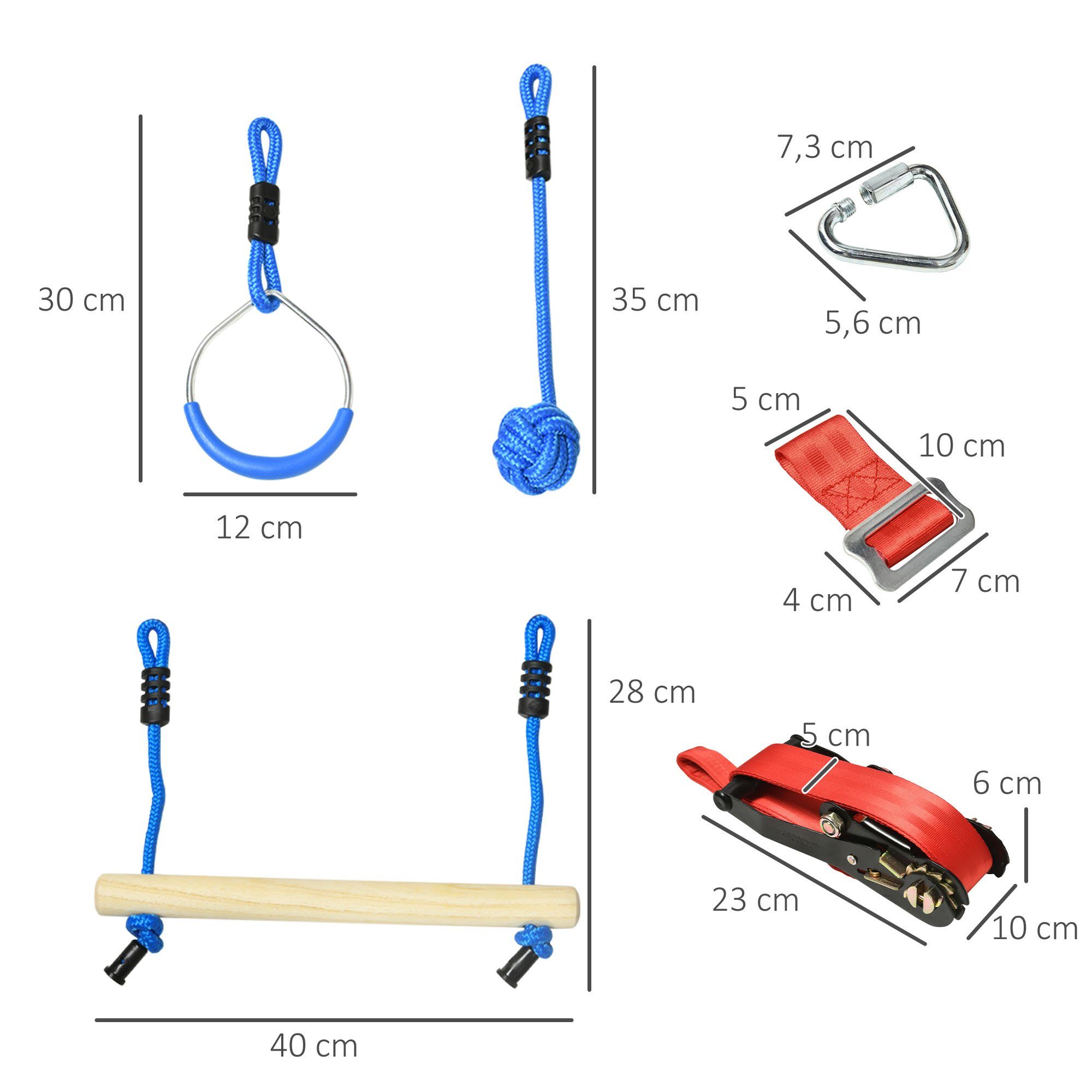 Outsunny Slackline 10 m Seil mit Hindernissen, für Garten, Balkon, Blau+Schwarz+Rot