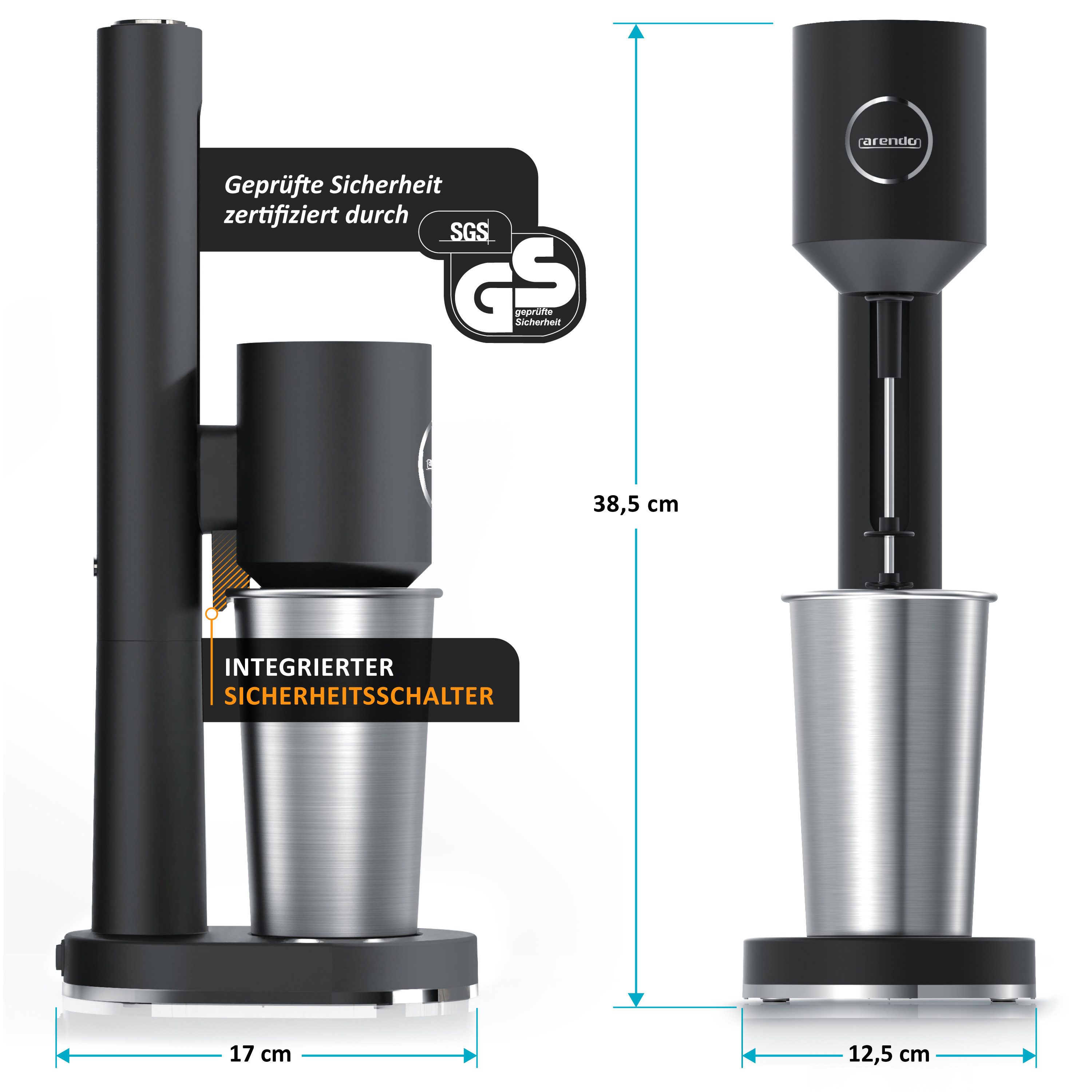 Arendo Standmixer Elektrischer Getränkemixer, 22.000 U/min, schwarz, 2 Stufen Doppelstab, 100 W, Milkshakes, Smoothies, Cocktails, Eiweißshaker, spülmaschinenfest, bar