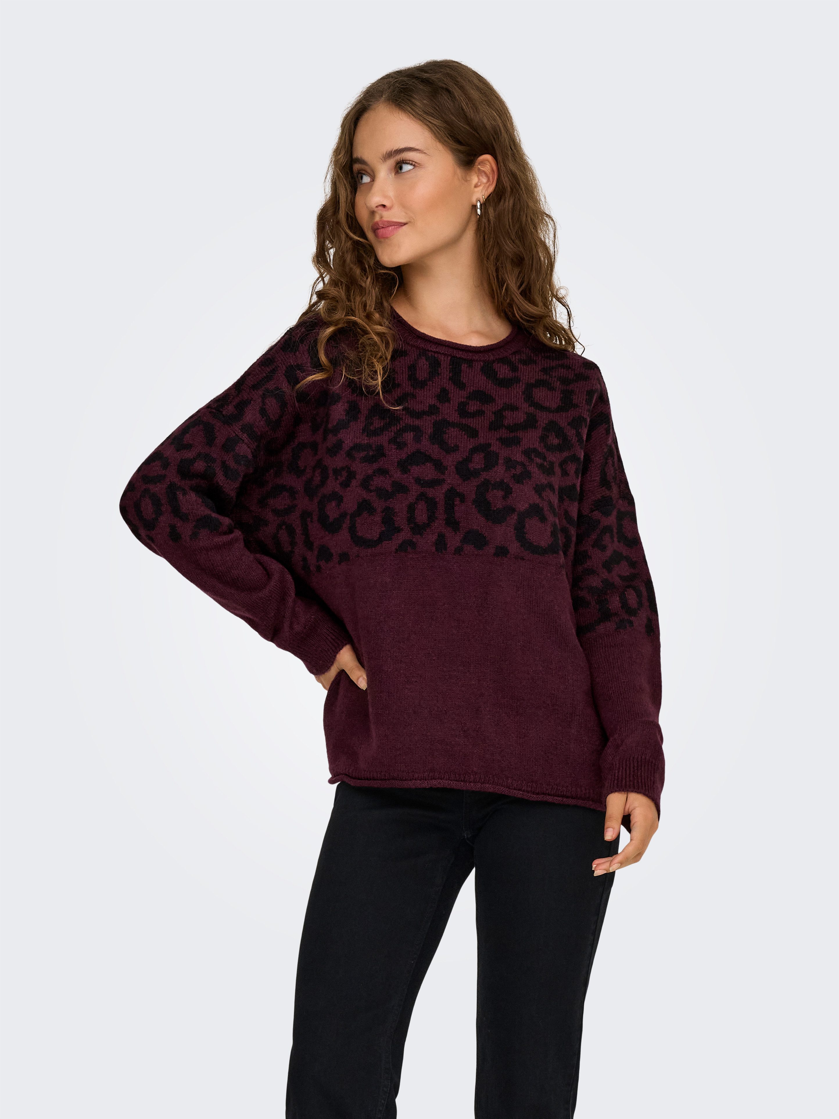 ONLY Rundhalspullover ONLJADE ANIMAL LS O-NECK NOOS KNT Kunstfaser, regular fit