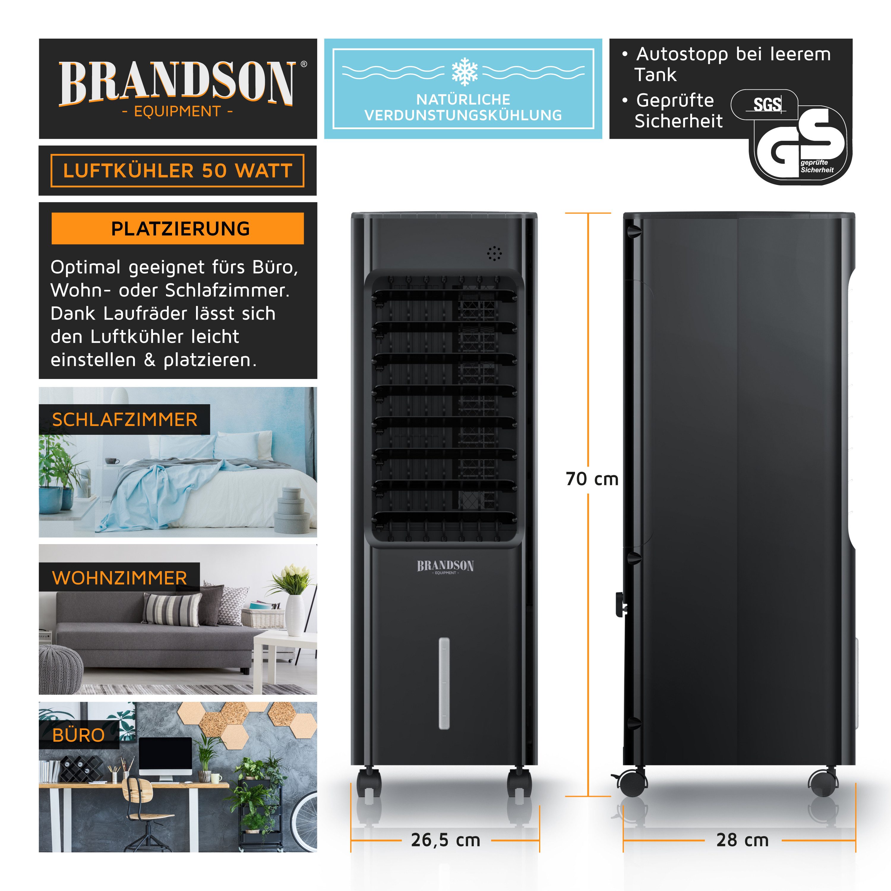 Brandson Ventilatorkombigerät mobiler Luftkühler, Wasserkühlung, 5L Wassertank, Klimaanlage, 50W, Preisträger 2025, 3 Modi, Autostopp bei leerem Tank, Timer, Lüfter