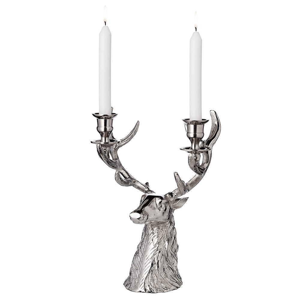EDZARD Kerzenhalter Hirschgeweih, Silber-Optik, vernickelt, Hirsch-Motiv, für Stabkerzen, H 33 cm