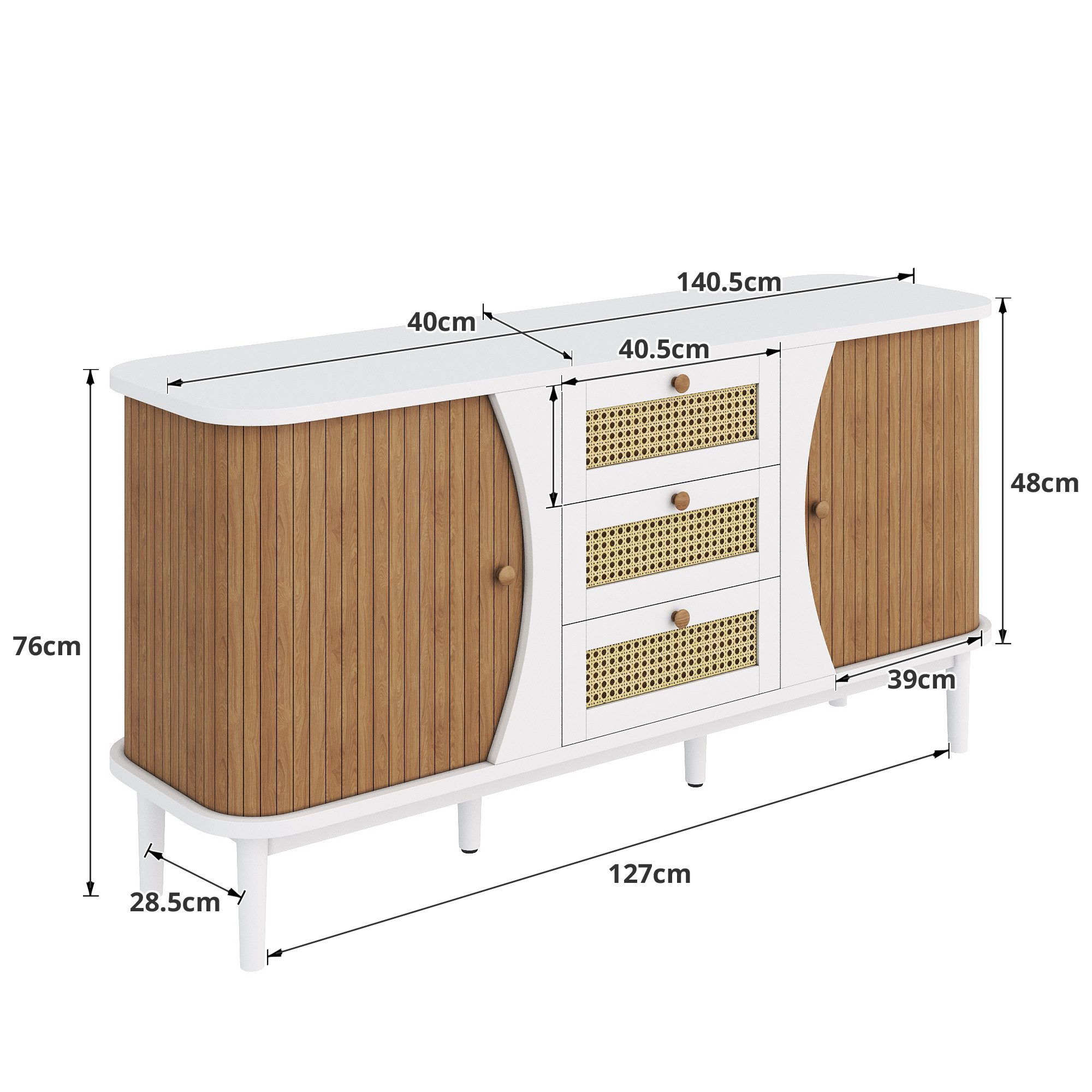 KLAM HOME Sideboard Rattankommode, Kommode mit Schiebetüren, mit verstellbaren Einlegeböden und abgerundeter Platte