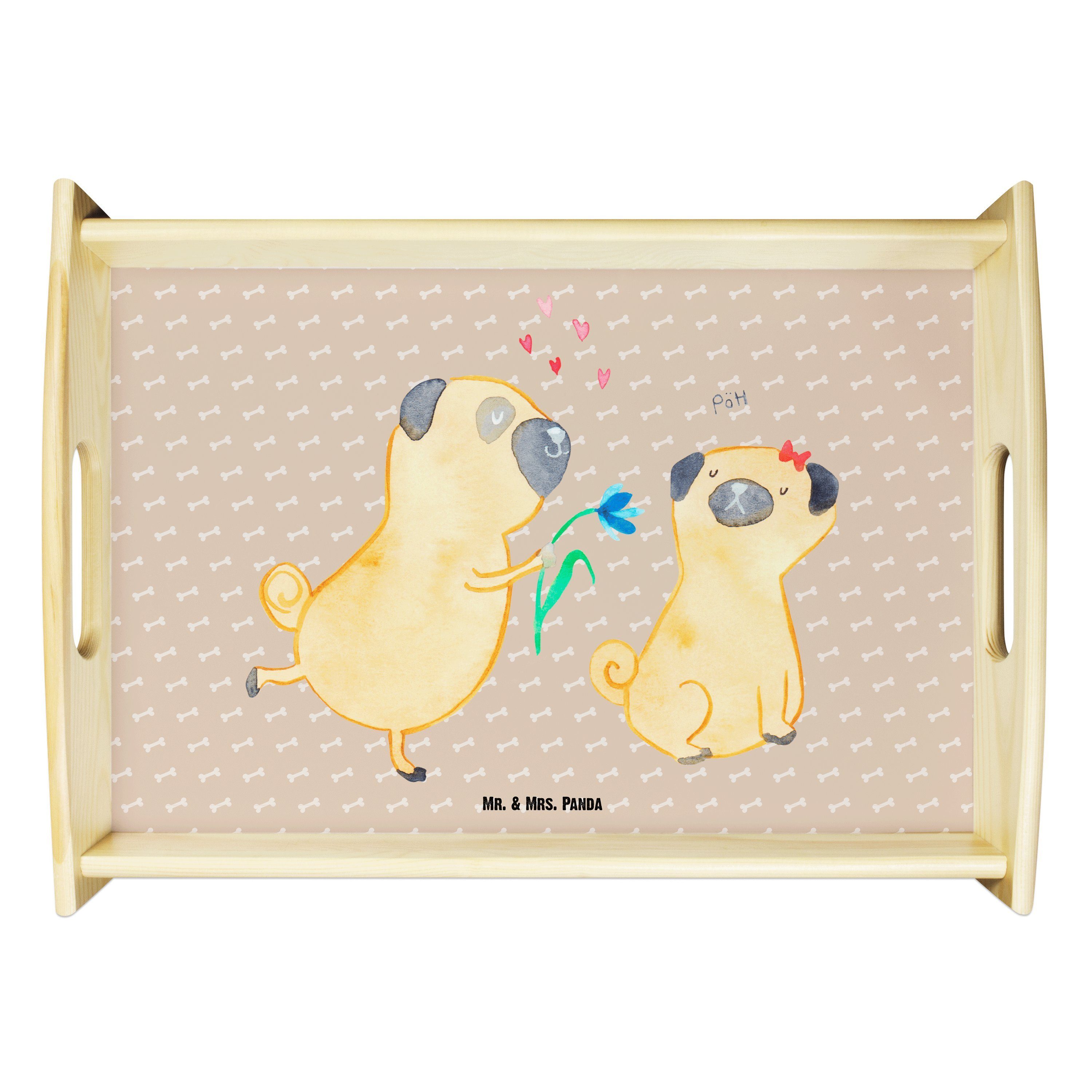Mr. & Mrs. Panda Tablett, Mops verliebt Echtholz Hundemama, - Hundeglück lasiert, Geschenk, (1-tlg) Tablett Hundeliebe, 