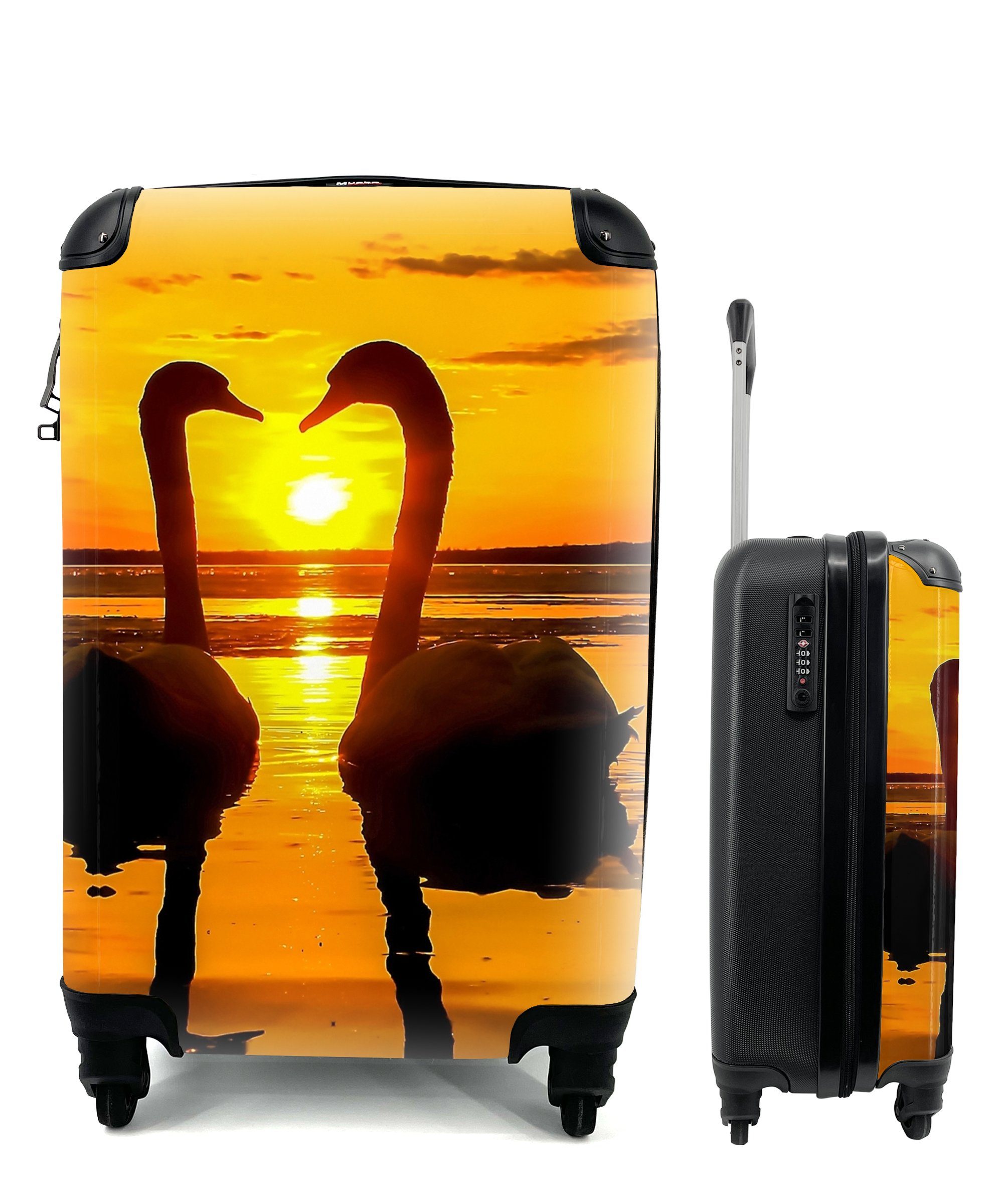 MuchoWow Handgepäckkoffer Schwäne - Orange Reisekoffer 4 Wasser, Ferien, Handgepäck Vogel - mit Reisetasche rollen, Trolley, Sonnenuntergang - - für Rollen
