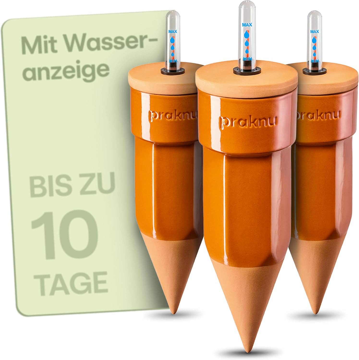 Praknu Bewässerungssystem 3 x Tonkegel Bewässerung mit Deckel & Wasseranzeige – Bis zu 10 Tage, (3er Set, 3 Tonkegel mit Deckel & Wasseranzeige – automatische Bewässerung)