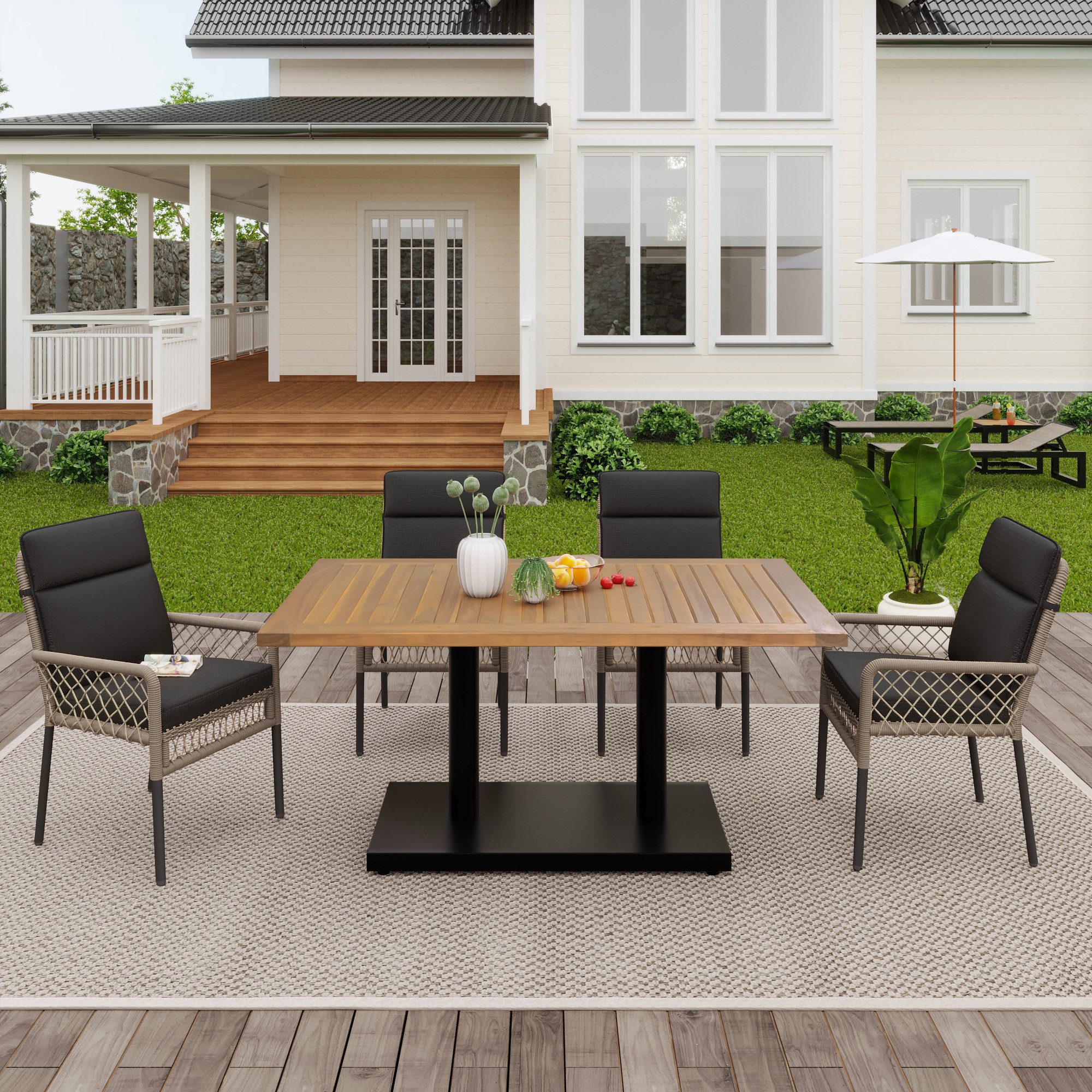 Flieks Gartenlounge-Set, 4-Sitzer Gartenmöbel Essgruppe Polyrattan mit Akazienholz Tischplatte