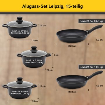 Krüger Topf-Set Aluguss Topf-/ Pfannenset LEIPZIG inkl. Küchenhelfern, 15 tlg., Aluminiumguss (Set, 15-tlg., Fleischtopf 16+20+24 cm, Pfanne flach 20+28 cm, 7 tlg. Küchenhelferset), inkl. 7-tlg. Küchenhelfer-Set