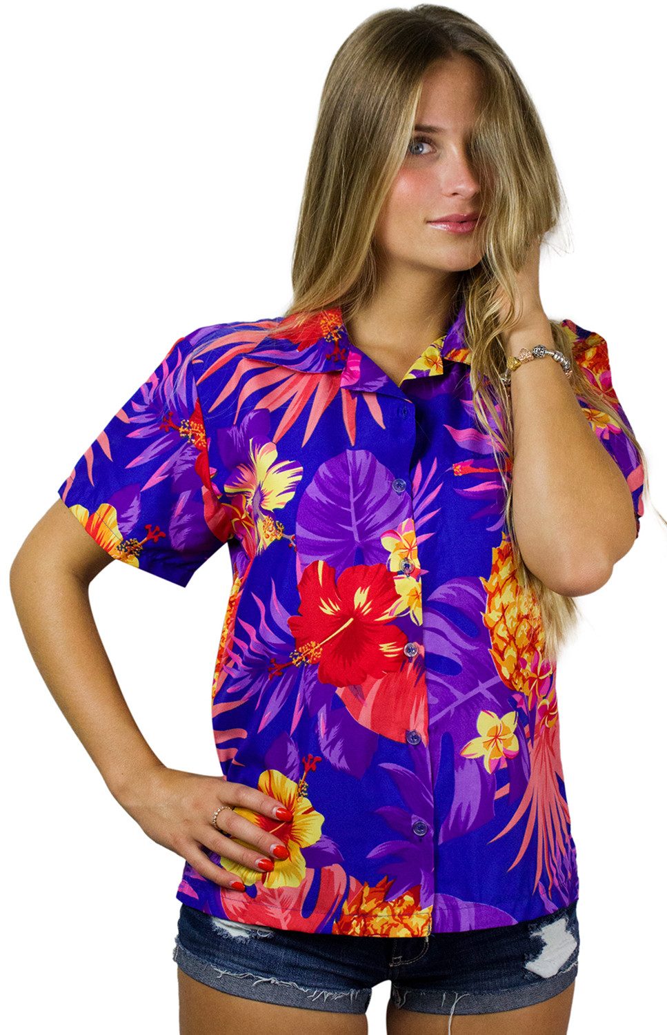 King Kameha Hawaiihemd Pineapple Funky Hawaiibluse Damen Kurzarm Front-Tasche Stylish